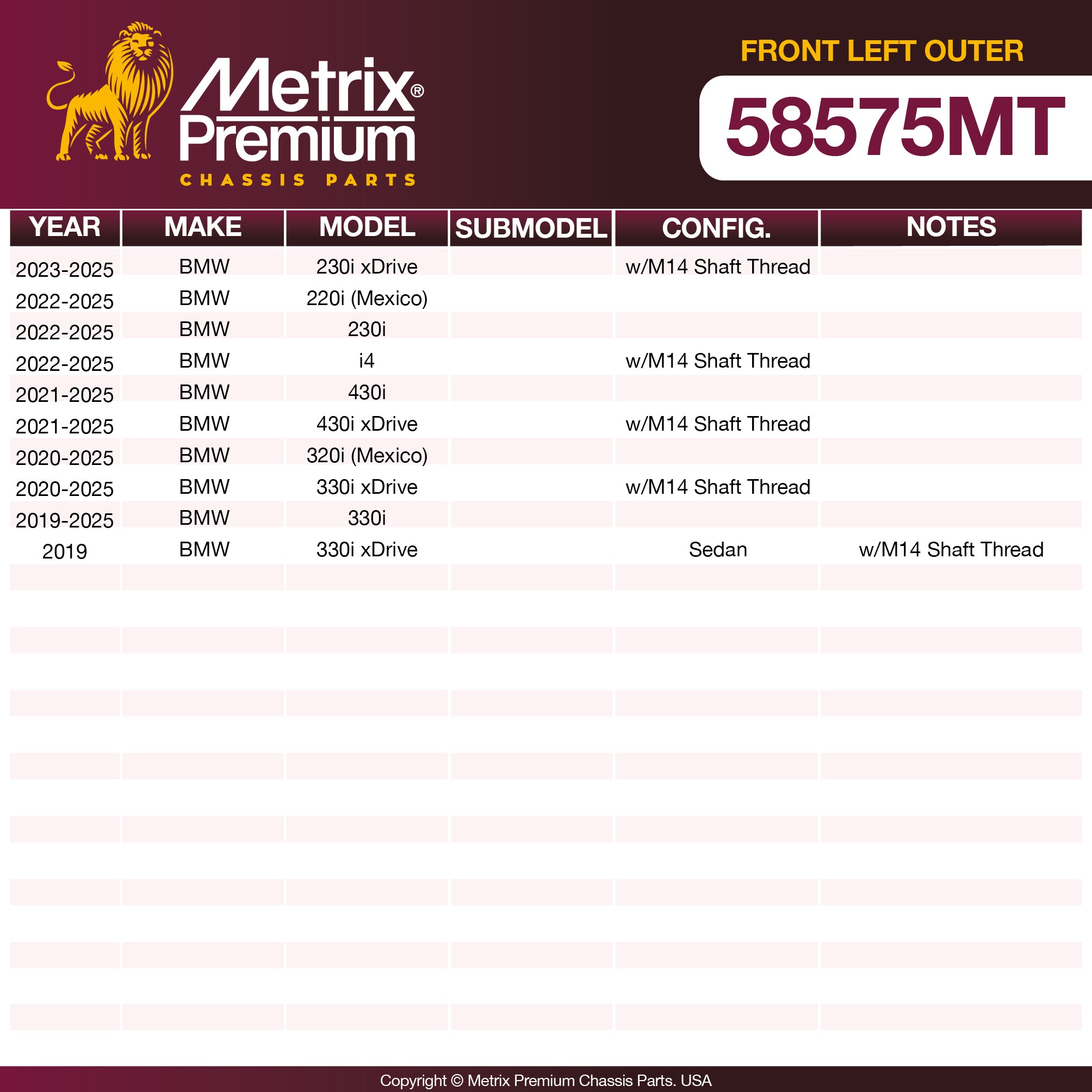Metrix Premium Chassis Parts Front Left Outer Tie Rod End 58575MT OEM fit auto parts