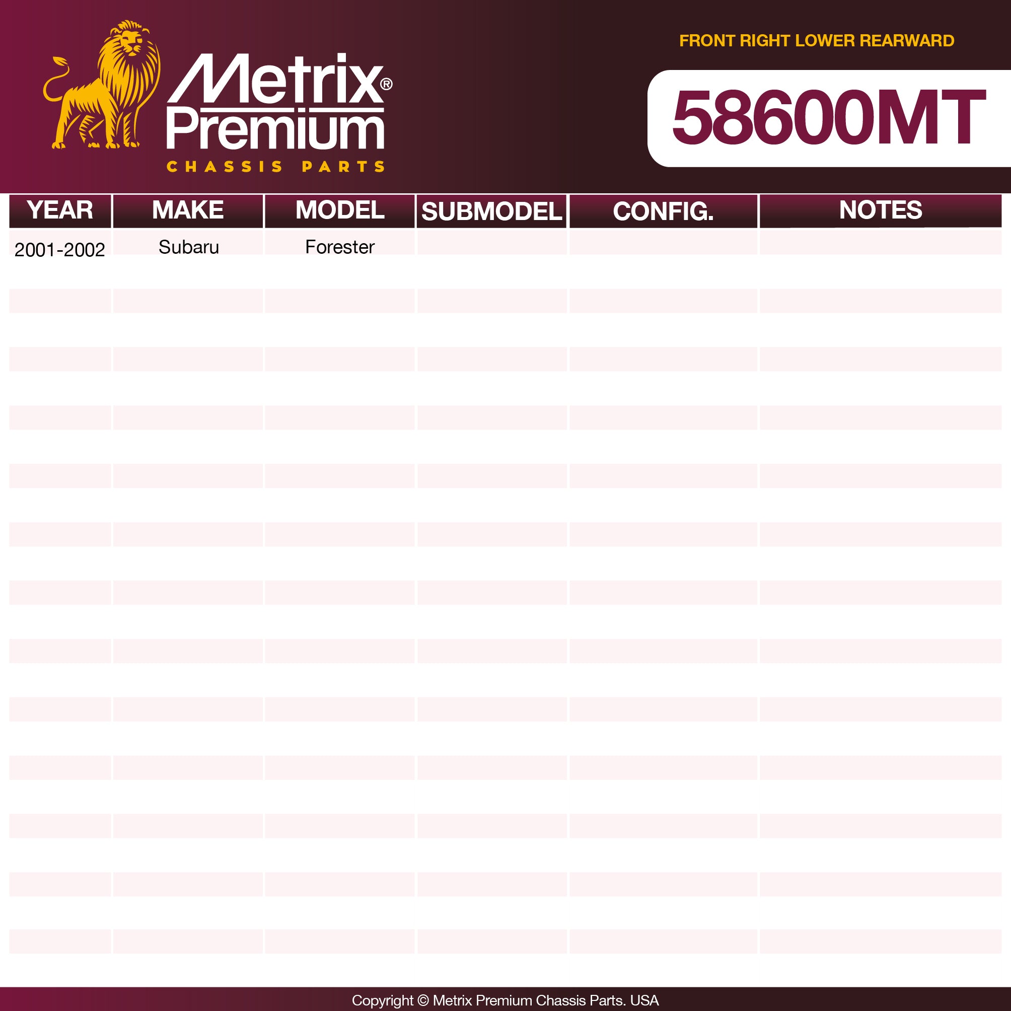 Metrix Premium Chassis Parts Front Right Lower Rearward Control Arm Bushing 58600MT OEM fit auto parts