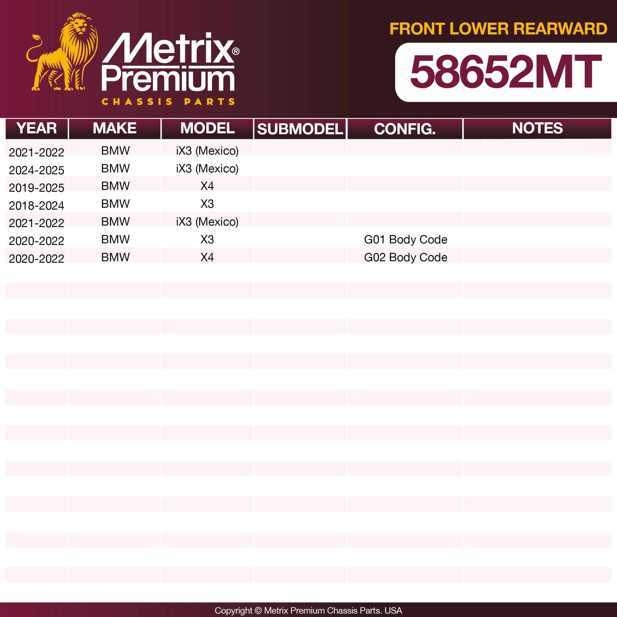 Metrix Premium Chassis Parts Front Lower Rearward Control Arm Bushing 58652MT aftermarket car parts