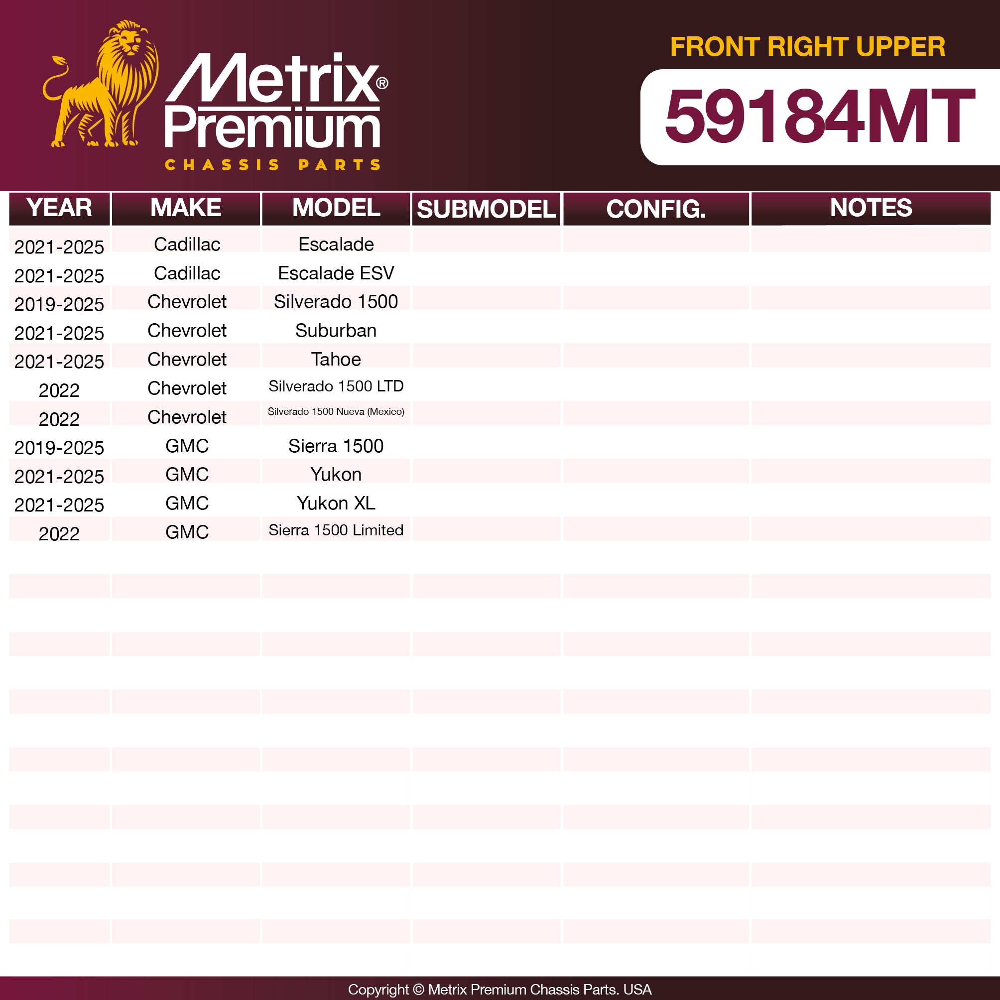 Metrix Premium Chassis Parts Front Right Upper Control Arm and Ball Joint Assembly 59184MT OEM fit auto parts