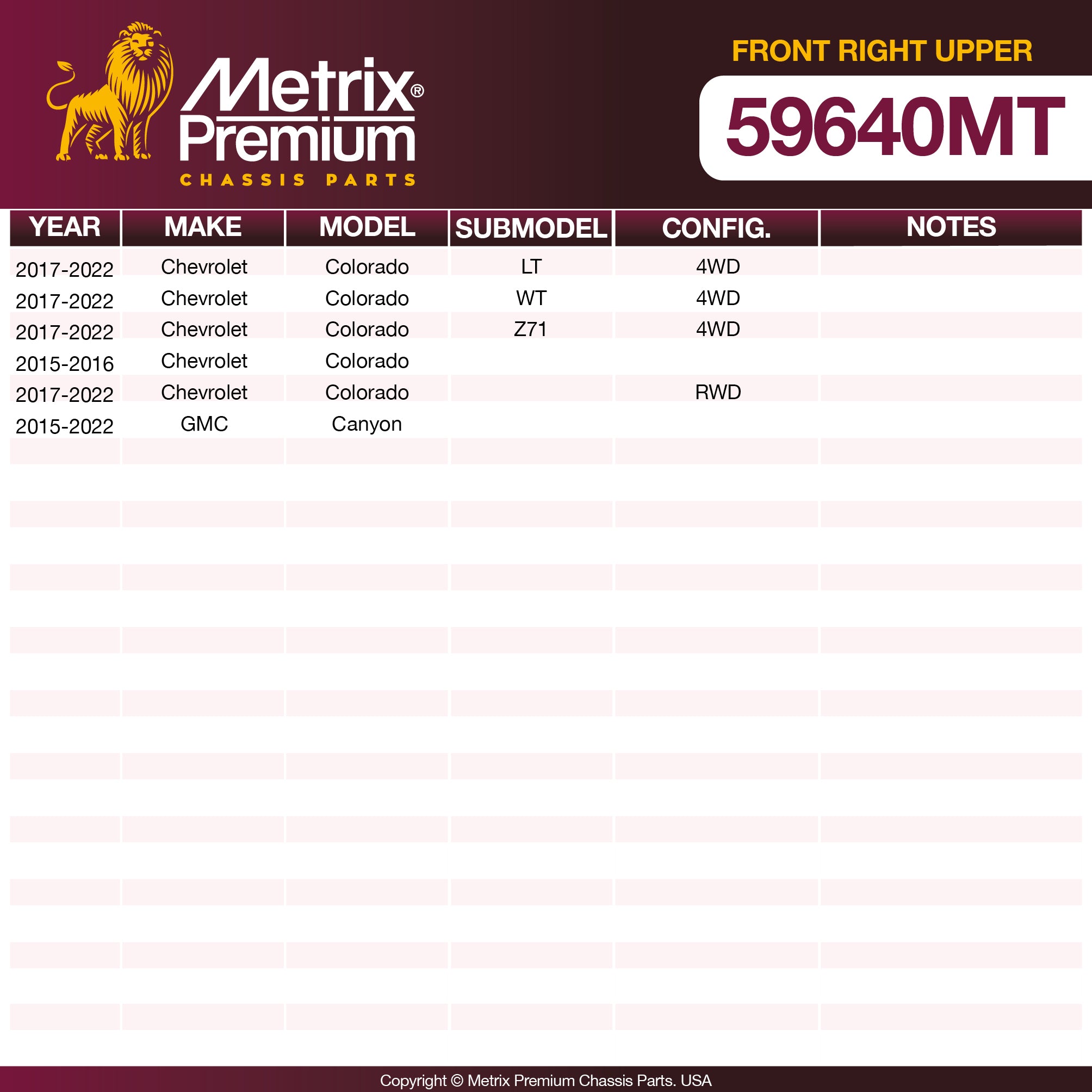 Metrix Premium Front Right Upper Control Arm and Ball Joint Assembly 59640MT OEM fit spare parts