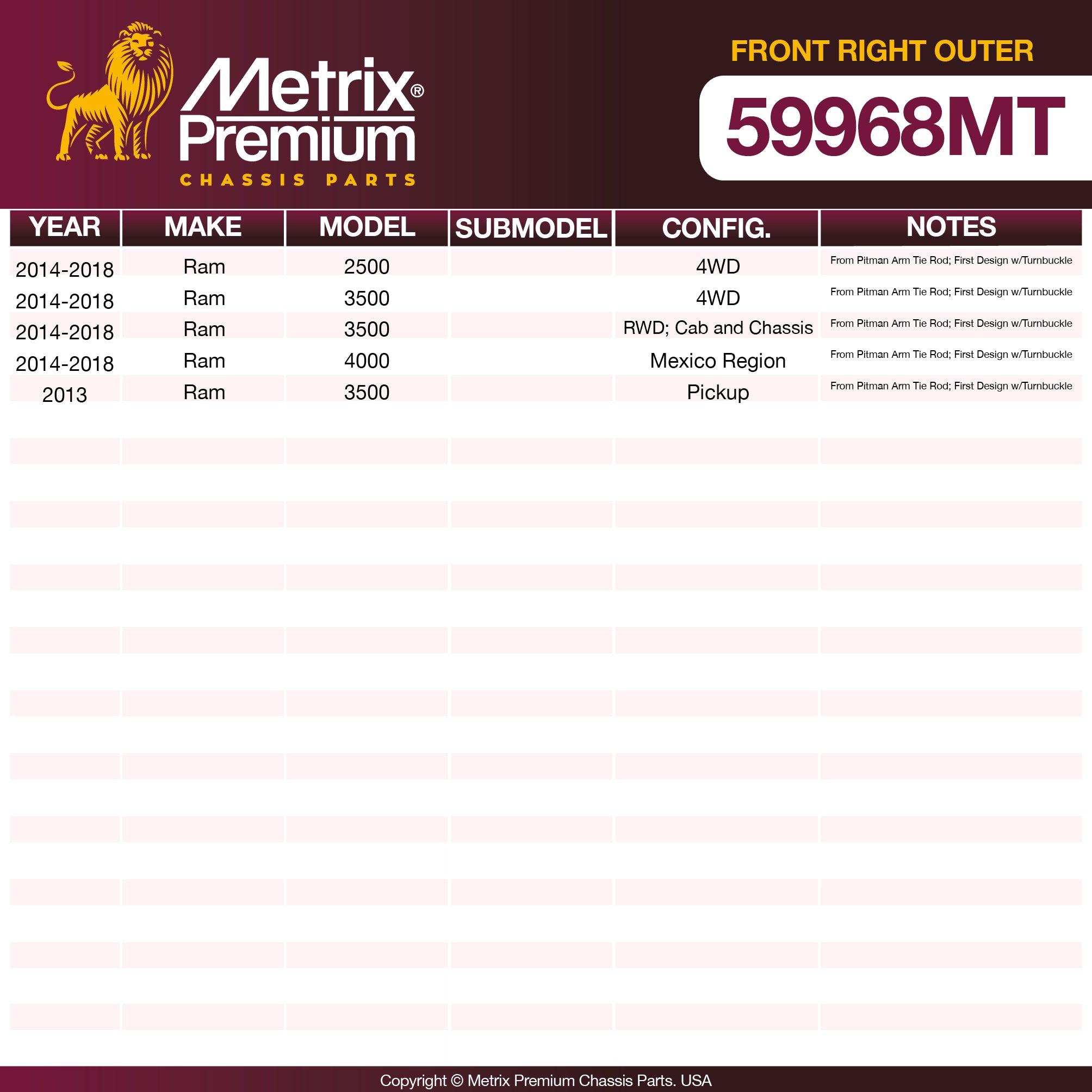 Metrix Premium Chassis Parts Front Right Outer Tie Rod End 59968MT aftermarket car parts