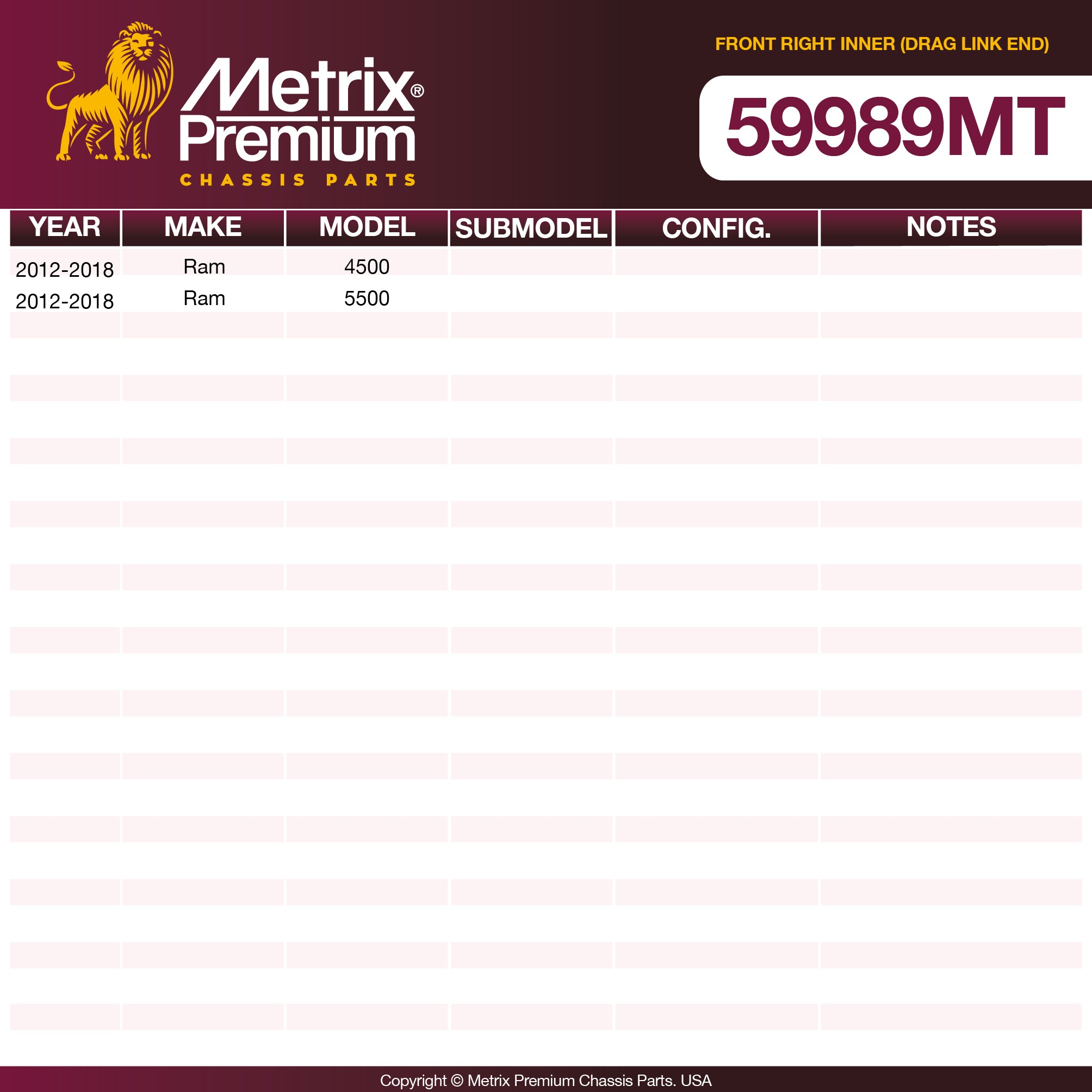 Metrix Premium Chassis Parts Front Right Inner (Drag Link End) Tie Rod End 59989MT OEM fit auto parts