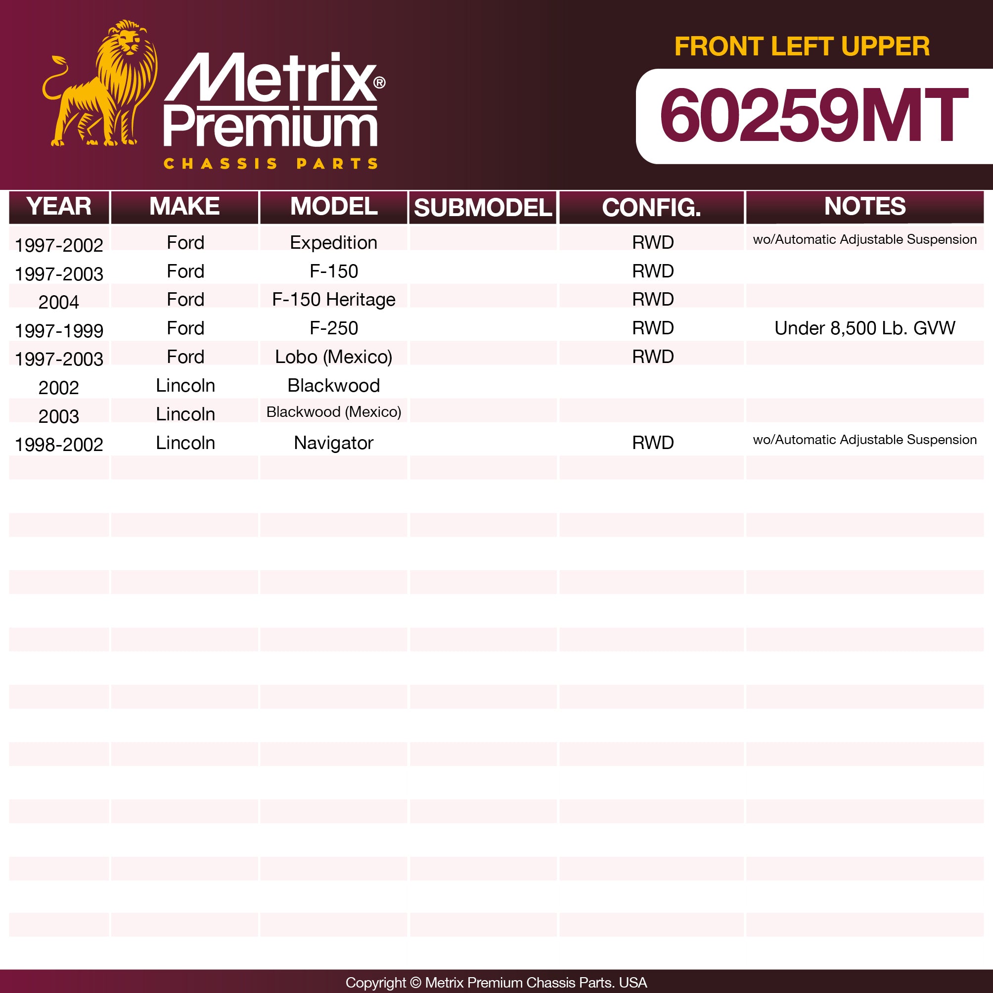 Metrix Premium Front Left Upper Control Arm and Ball Joint Assembly 60259MT OEM fit spare parts