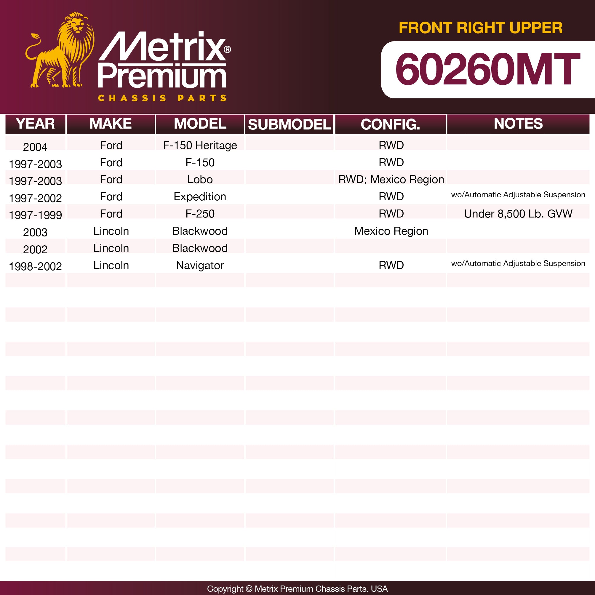 Metrix Premium Chassis Parts Front Right Upper Control Arm and Ball Joint Assembly 60260MT aftermarket car parts