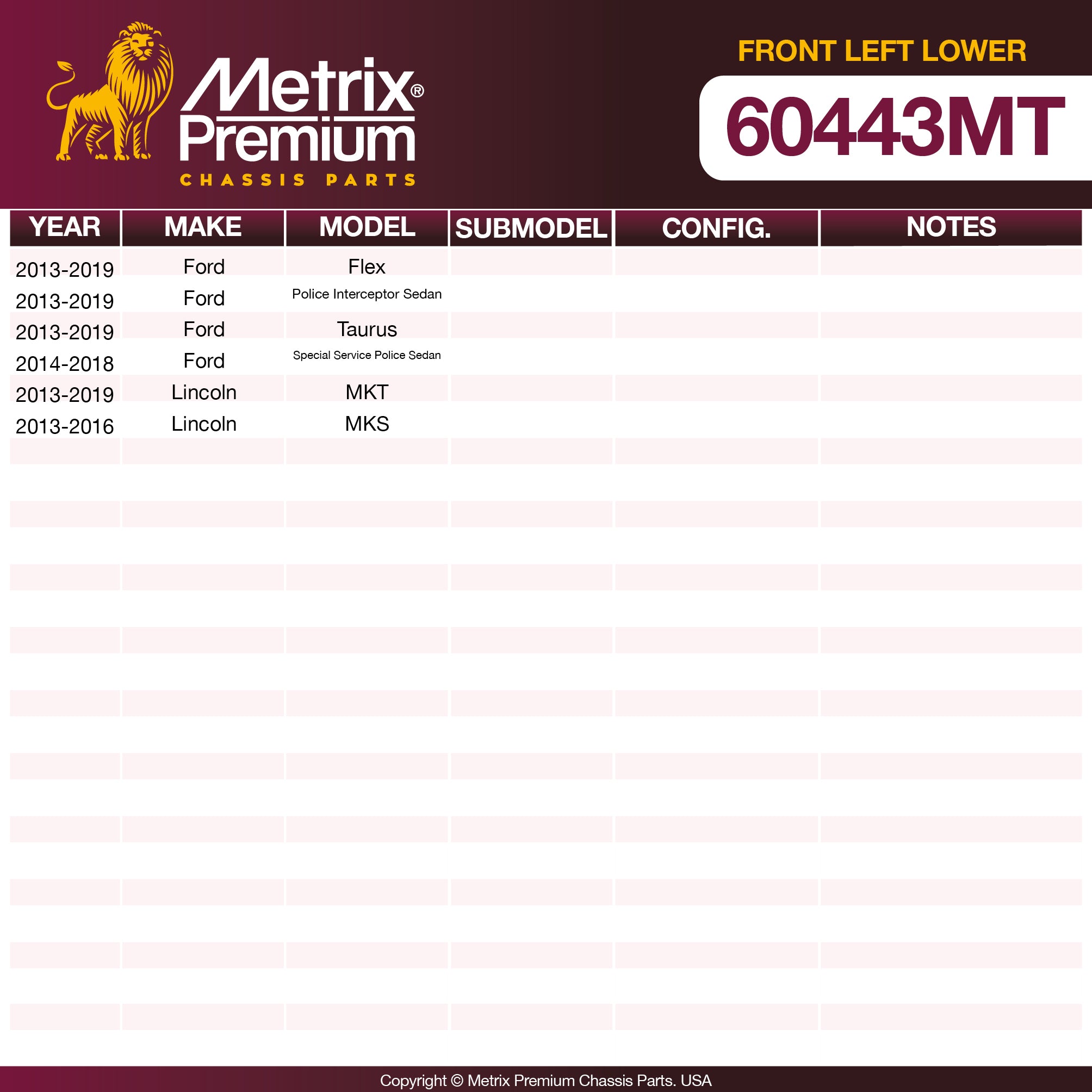 Metrix Premium Chassis Parts Front Left Lower Control Arm and Ball Joint Assembly 60443MT OEM fit auto parts