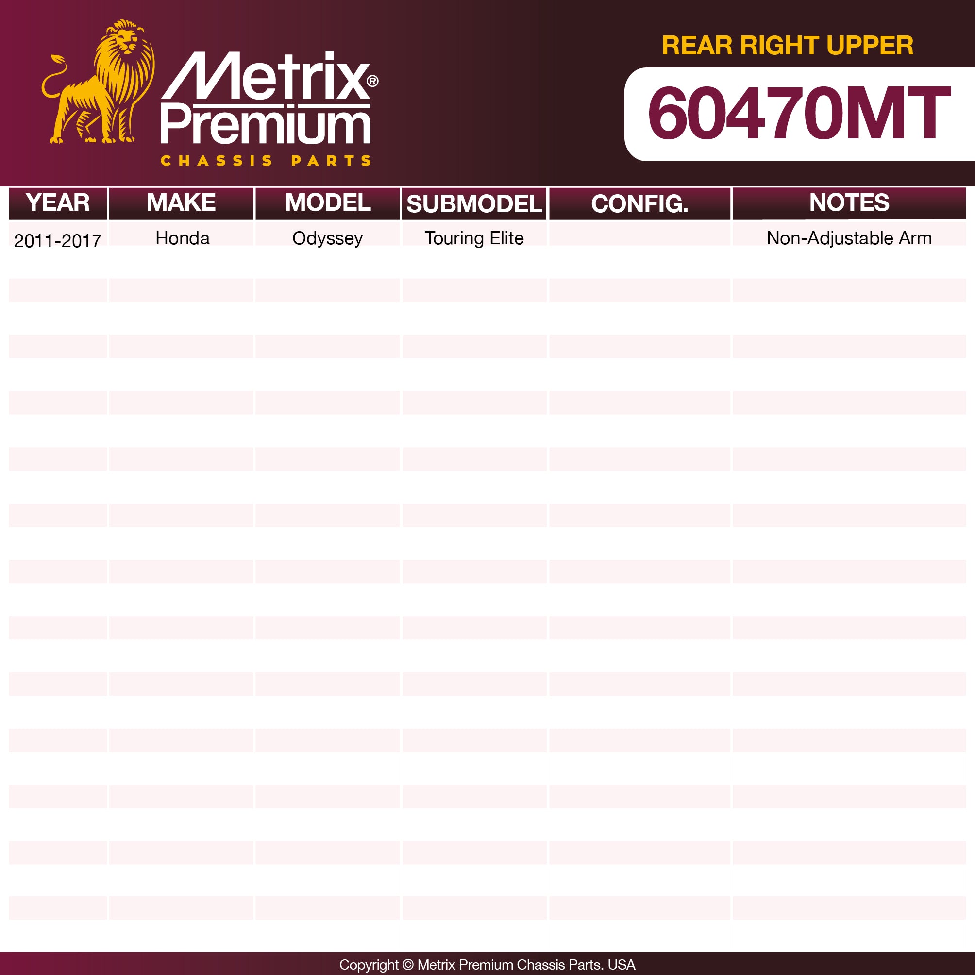 Metrix Premium Chassis Parts Rear Right Upper Control Arm and Ball Joint Assembly 60470MT OEM fit auto parts