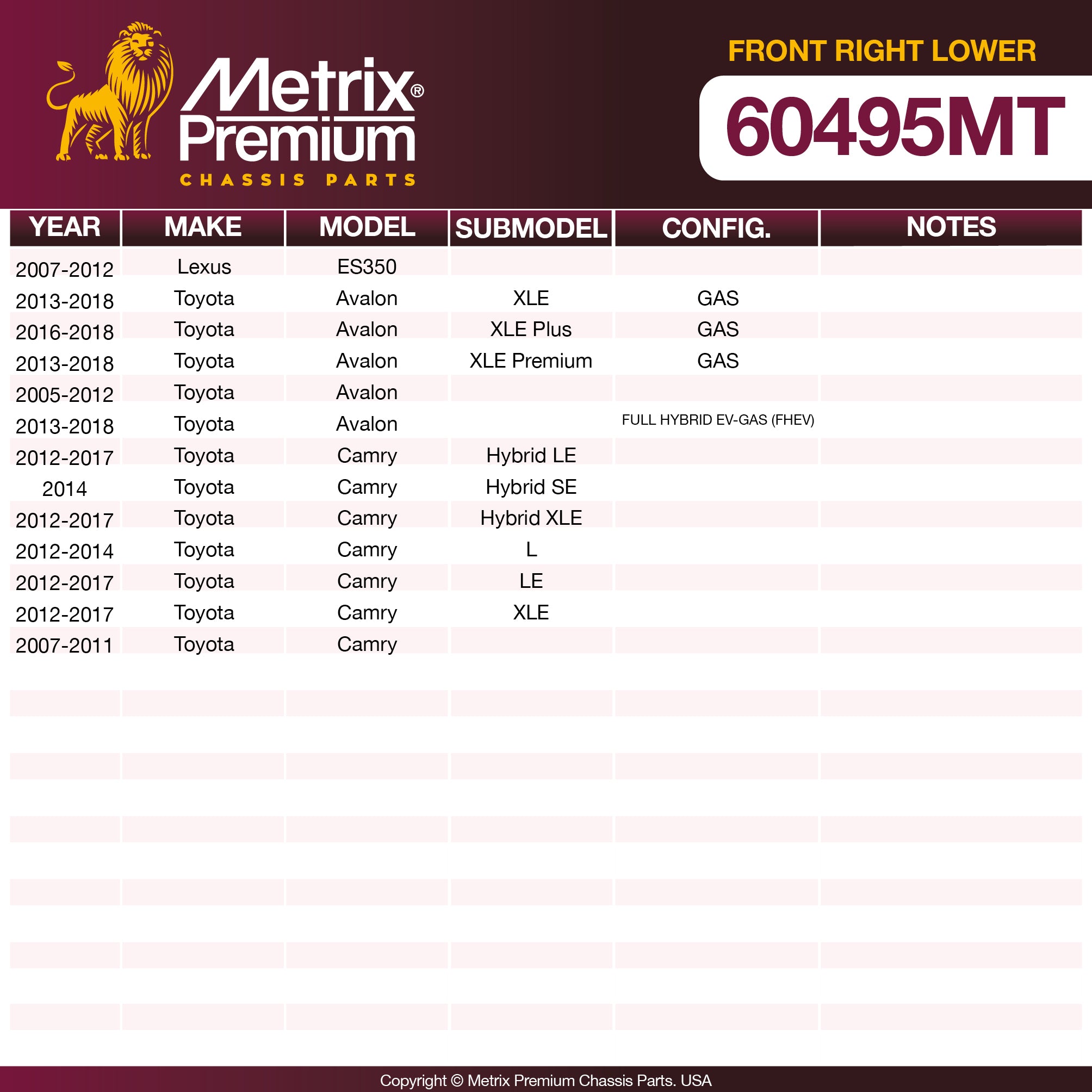 Metrix Premium Front Right Lower Control Arm and Ball Joint Assembly 60495MT OEM fit spare parts