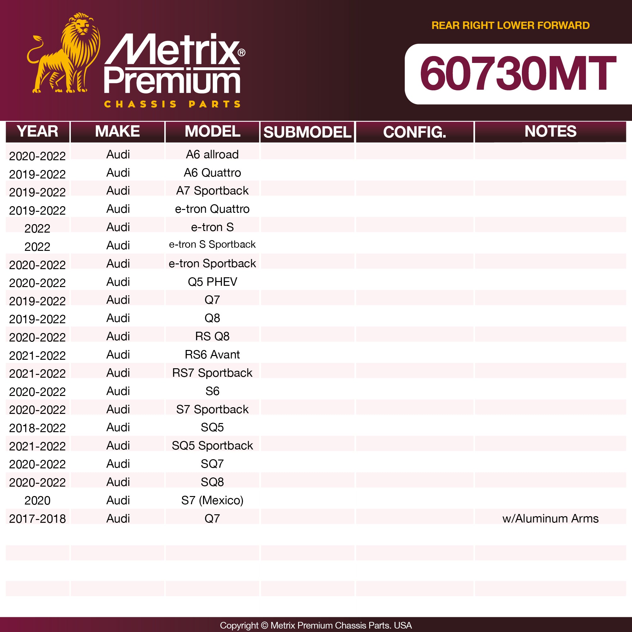 Metrix Premium Chassis Parts Rear Right Lower Forward Lateral Arm 60730MT aftermarket car parts