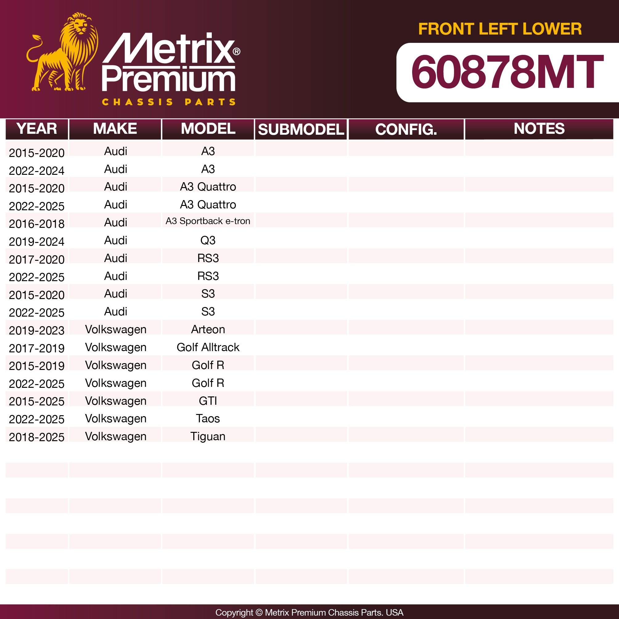 Metrix Premium Front Left Lower Control Arm and Ball Joint Assembly 60878MT OEM fit spare parts