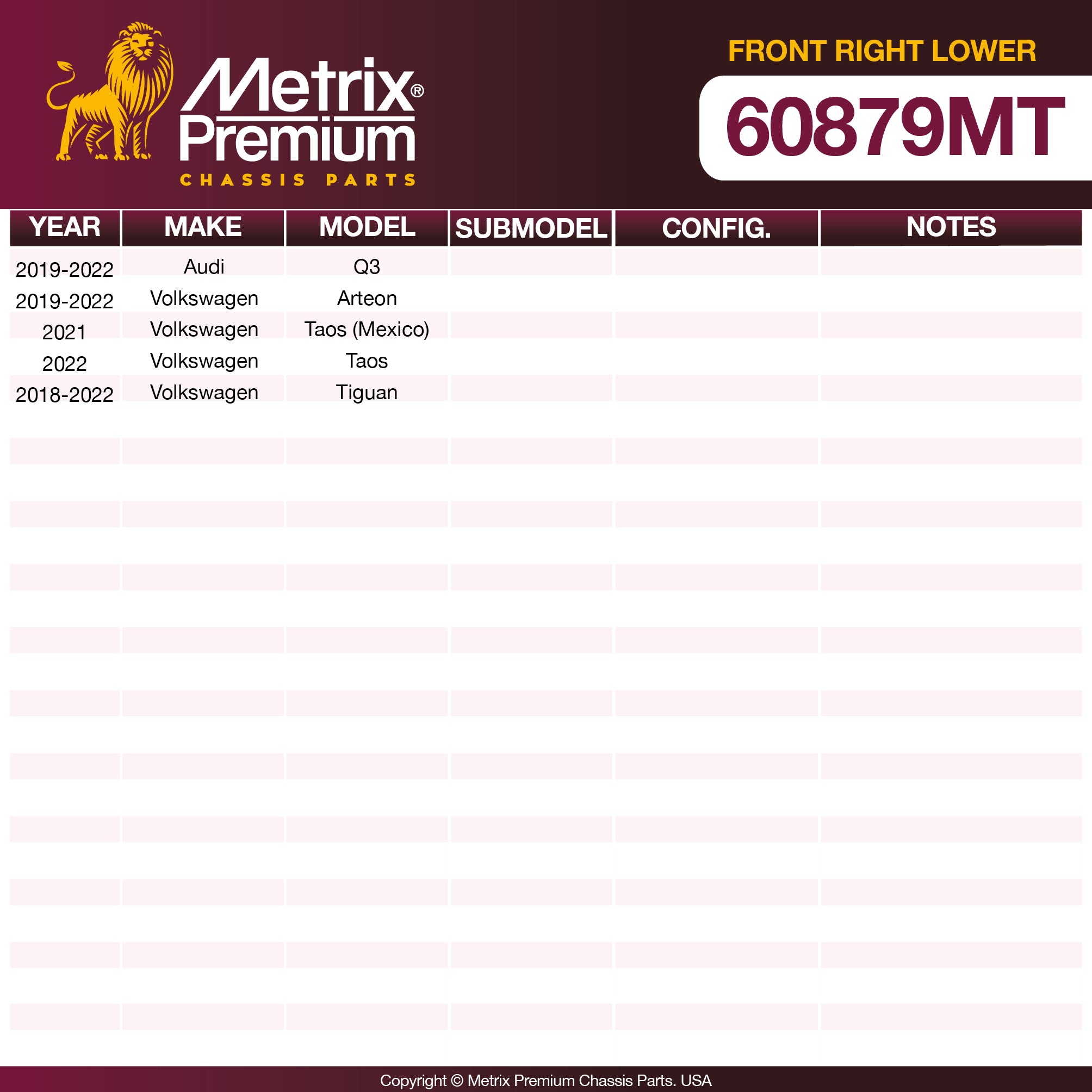 Metrix Premium Front Right Lower Control Arm and Ball Joint Assembly 60879MT OEM fit spare parts