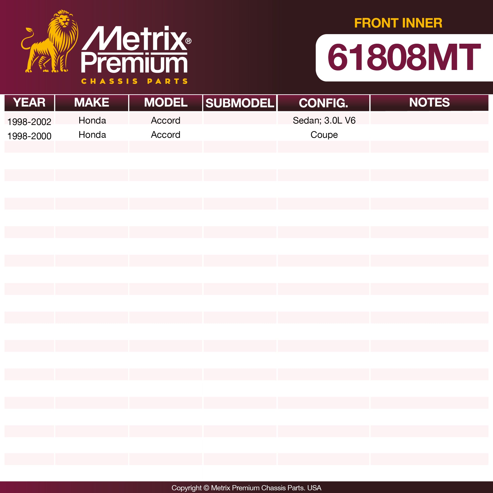 Metrix Premium Chassis Parts Front Inner Tie Rod End 61808MT OEM fit auto parts