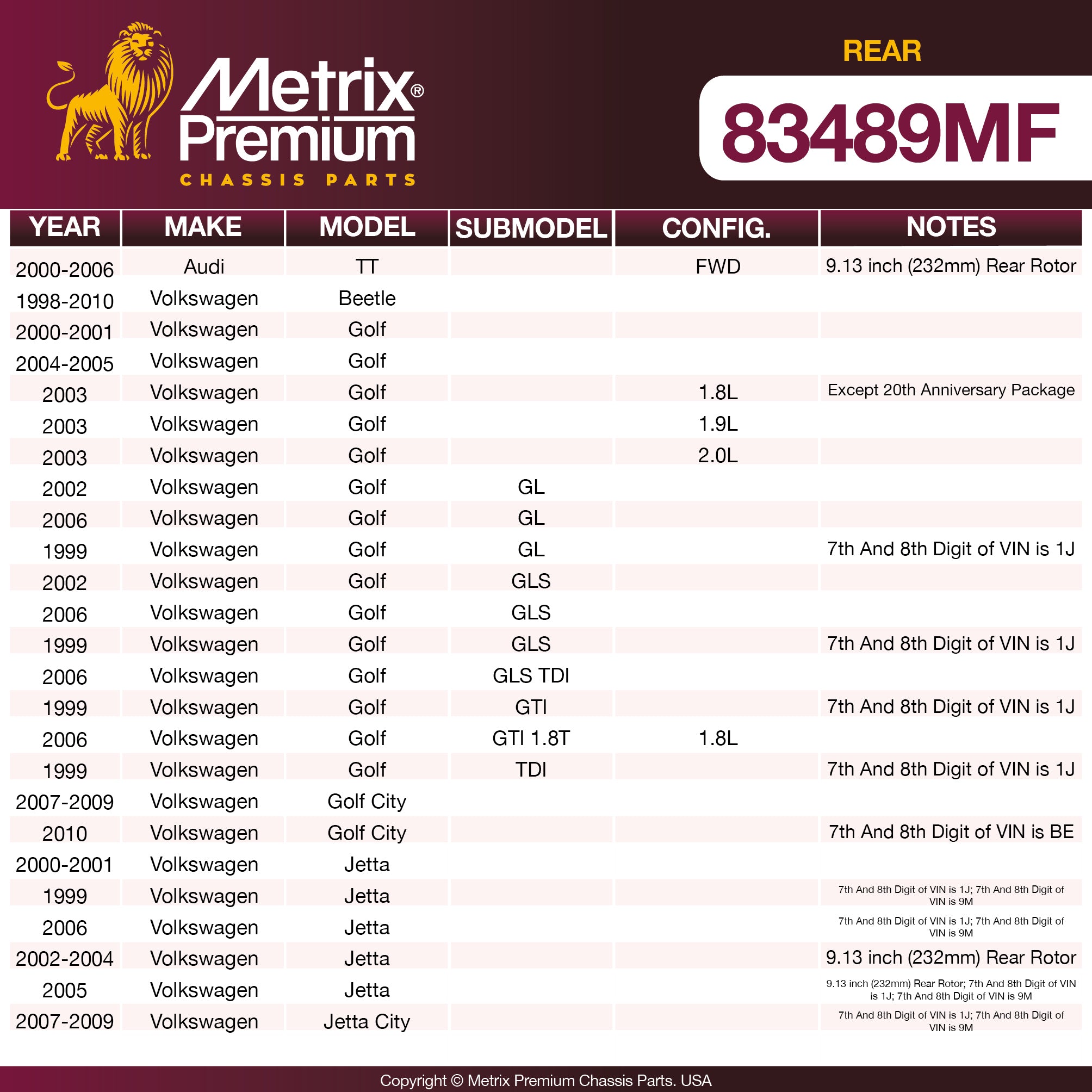 Metrix Premium Rear Disc Brake Rotor 83489MF OEM fit spare parts