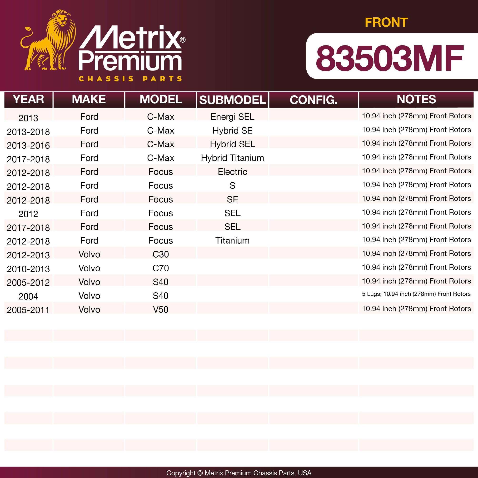 Metrix Premium Front Disc Brake Rotor 83503MF OEM fit spare parts