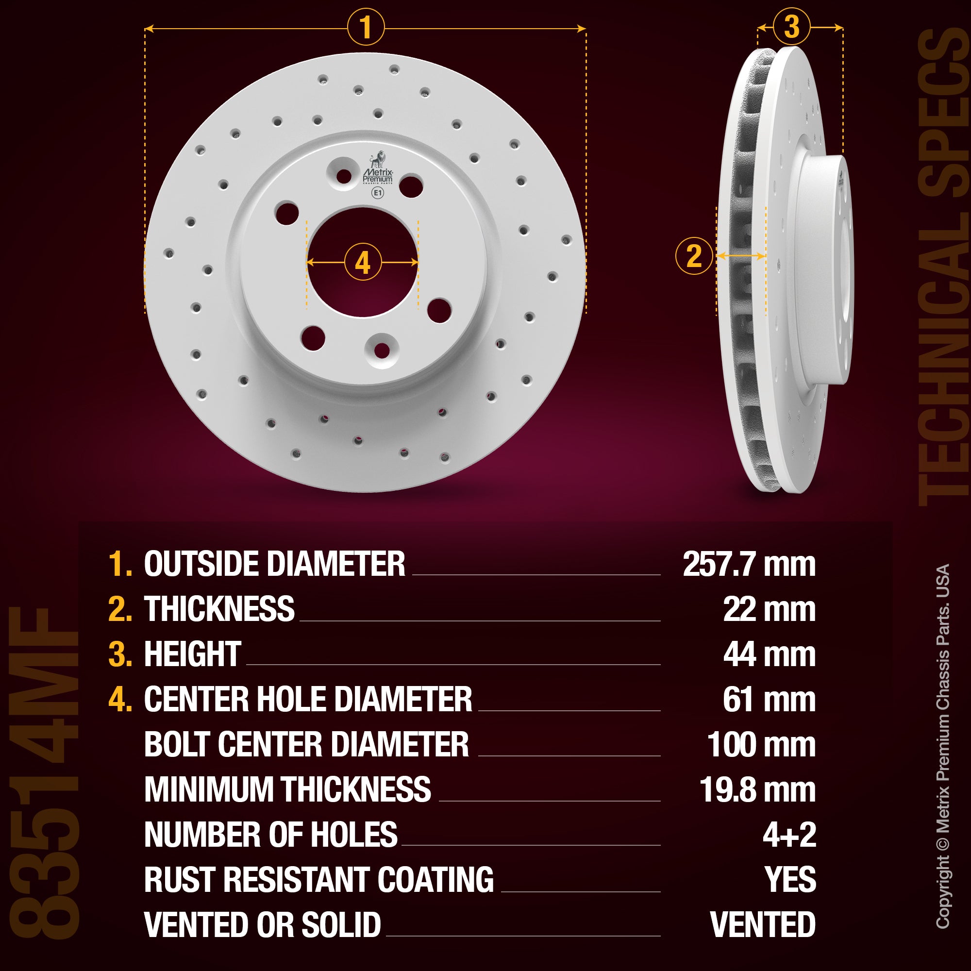METRIX PREMIUM CHASSIS PARTS Disc Brake Rotor P/N:83514MF Fits: Smart Eq Fortwo 2019, Smart Fortwo 18-16