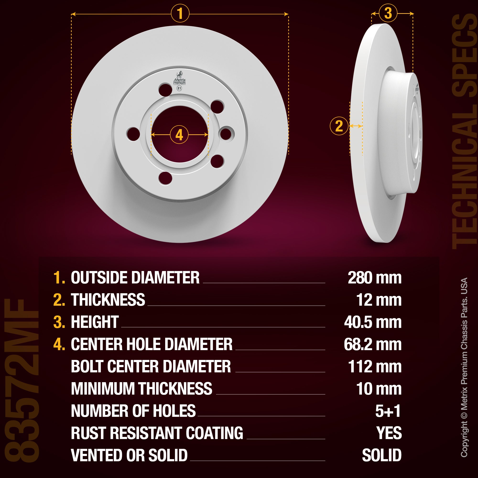 METRIX PREMIUM CHASSIS PARTS Disc Brake Rotor P/N:83572MF Fits: Volkswagen Eurovan 03-99, Volkswagen Eurovan 1997