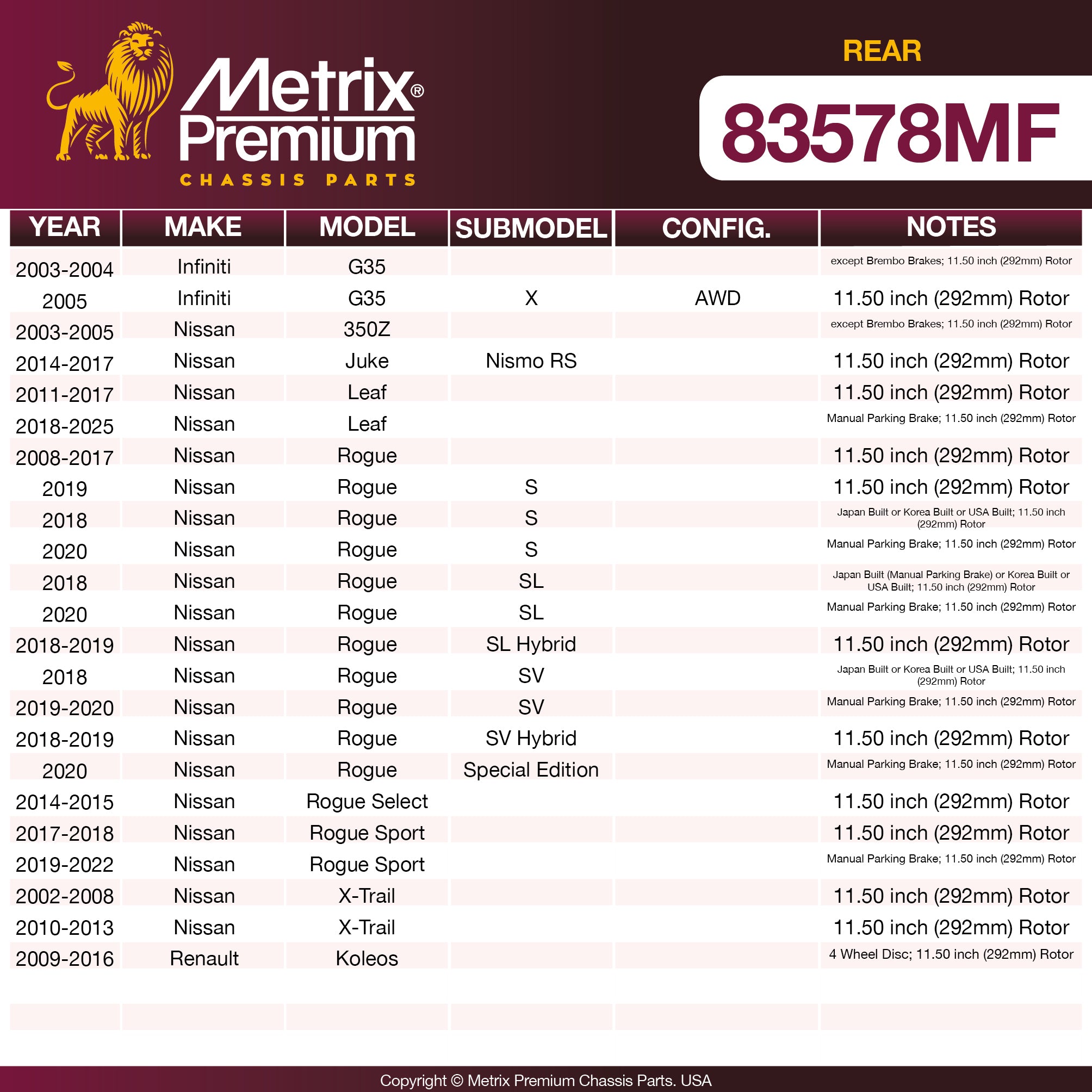Metrix Premium Rear Disc Brake Rotor 83578MF OEM fit spare parts