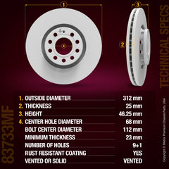 METRIX PREMIUM CHASSIS PARTS Disc Brake Rotor P/N:83733MF Fits: Audi A4 06-02, Audi A4 Quattro 06-02, Audi A6 04-00, Audi A6 Quattro 04-00, Audi A8 00-97, Audi A8 Quattro 00-97
