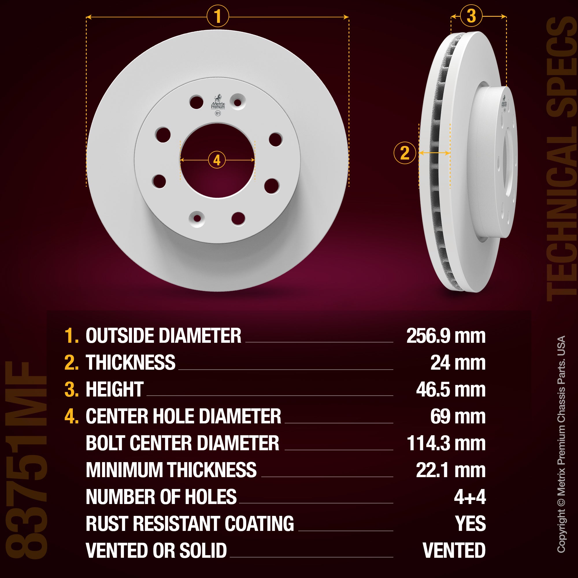 METRIX PREMIUM CHASSIS PARTS Disc Brake Rotor P/N:83751MF Fits: Hyundai Elantra 00-99, Hyundai Sonata 01-99, Hyundai Tiburon 01-99