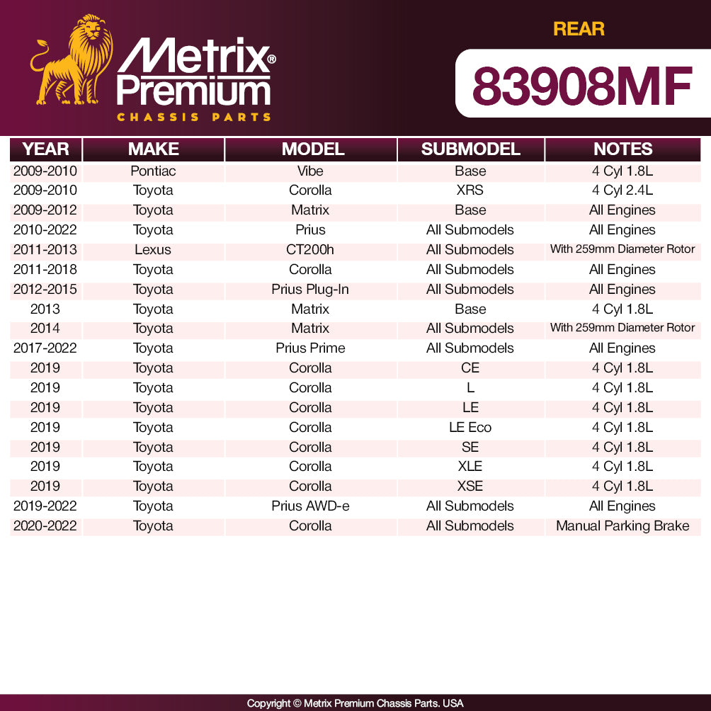 COMPATIBLE WITH: 2009-2010 Pontiac Vibe Base 4 Cyl 1.8L, 2009-2010 Toyota Corolla XRS 4 Cyl 2.4L, 2009-2012 Toyota Matri