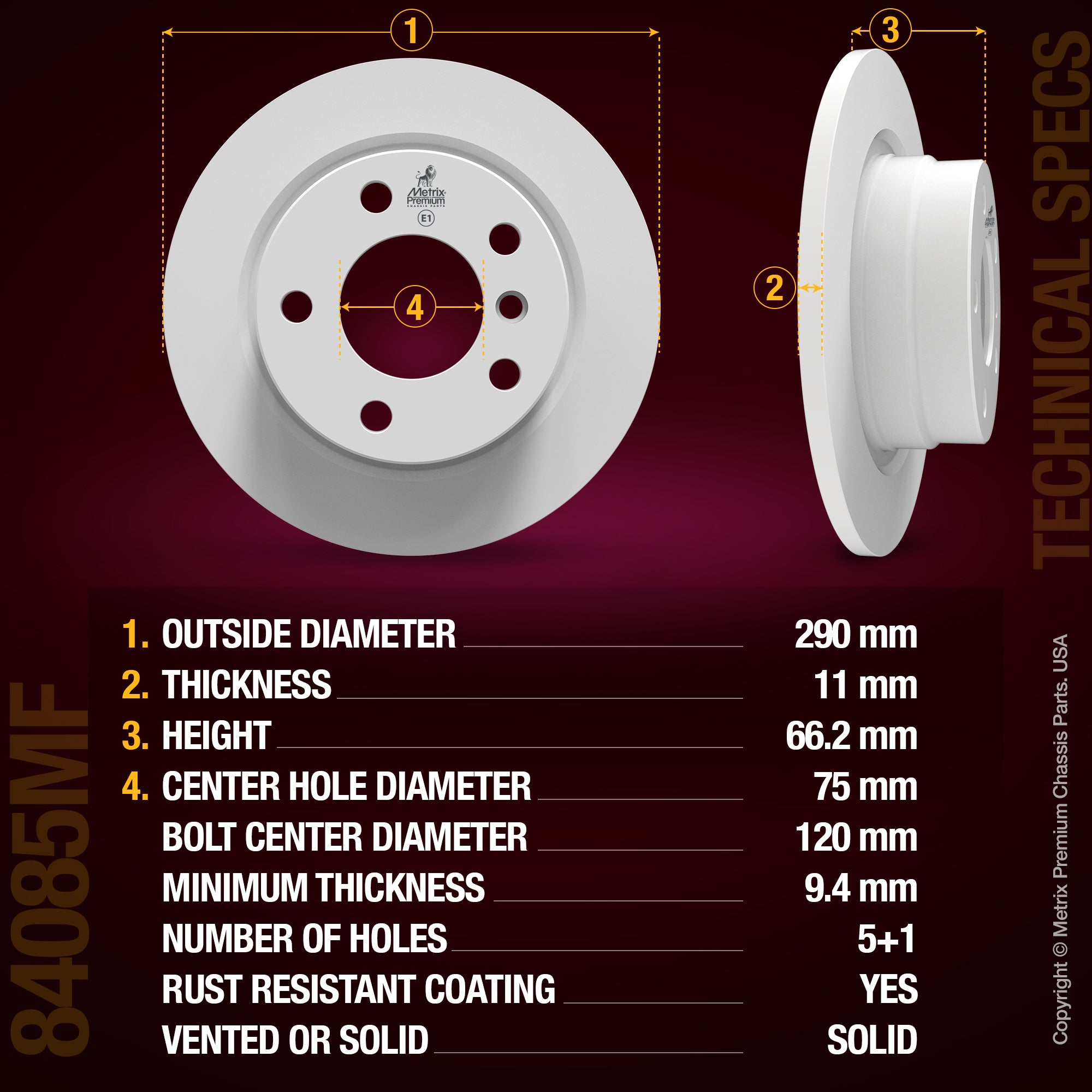 METRIX PREMIUM CHASSIS PARTS Disc Brake Rotor P/N:84085MF Fits: BMW 118i 15-12, BMW 118i 19-18, BMW 120i 2016