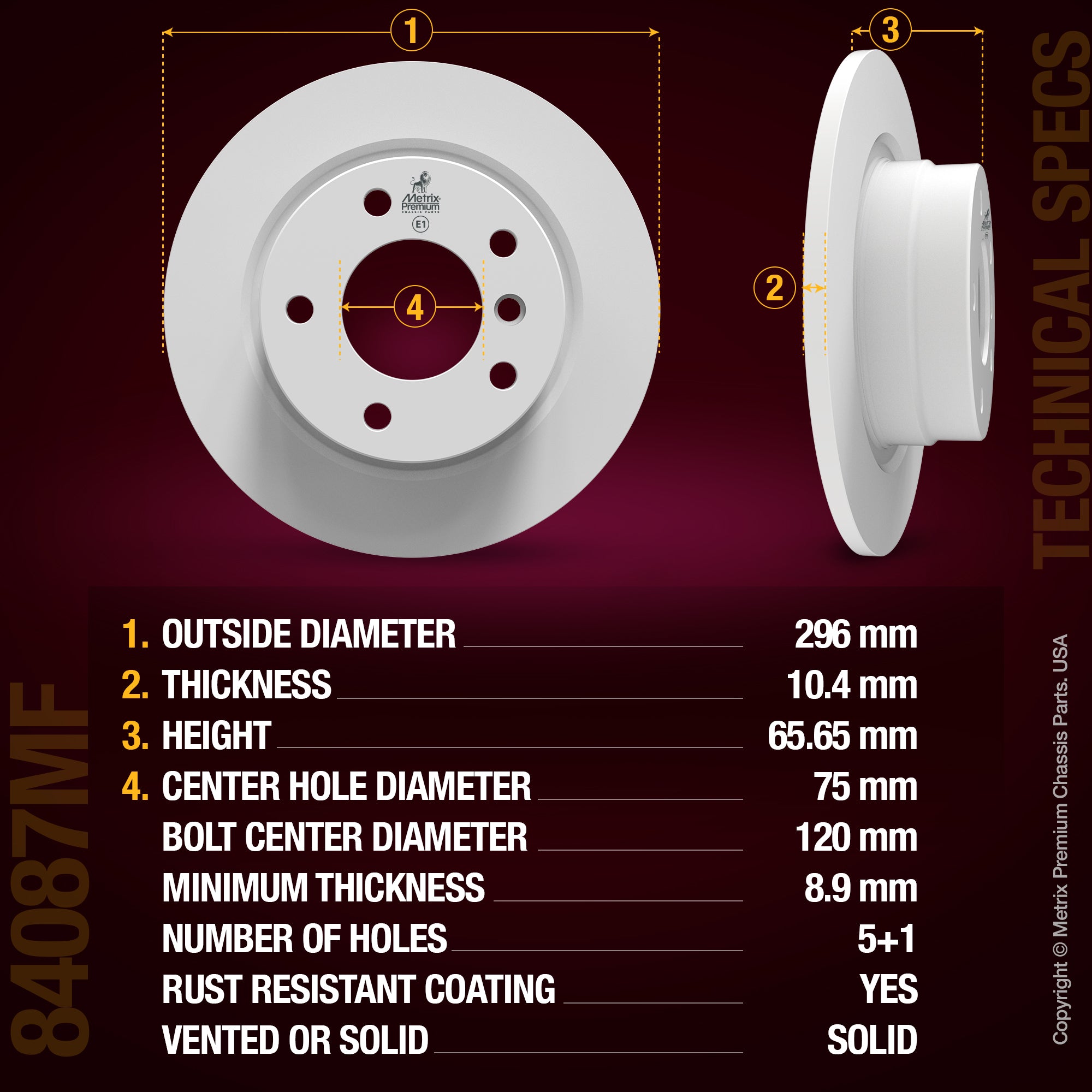 METRIX PREMIUM CHASSIS PARTS Disc Brake Rotor P/N:84087MF Fits: BMW 120i 11-06, BMW 320i 05-04