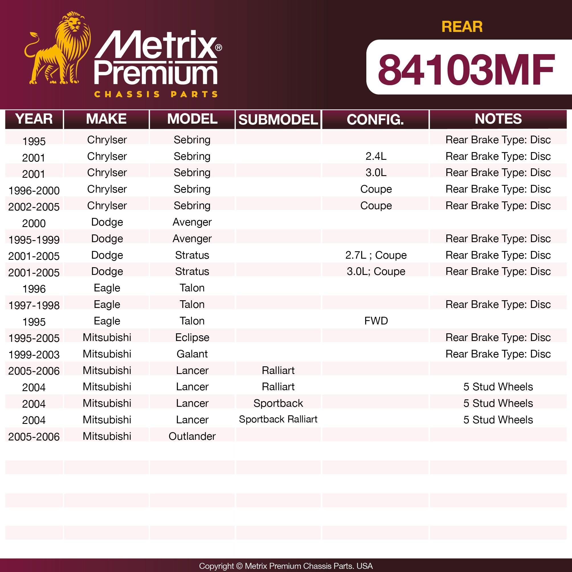 Metrix Premium Rear Disc Brake Rotor 84103MF OEM fit spare parts