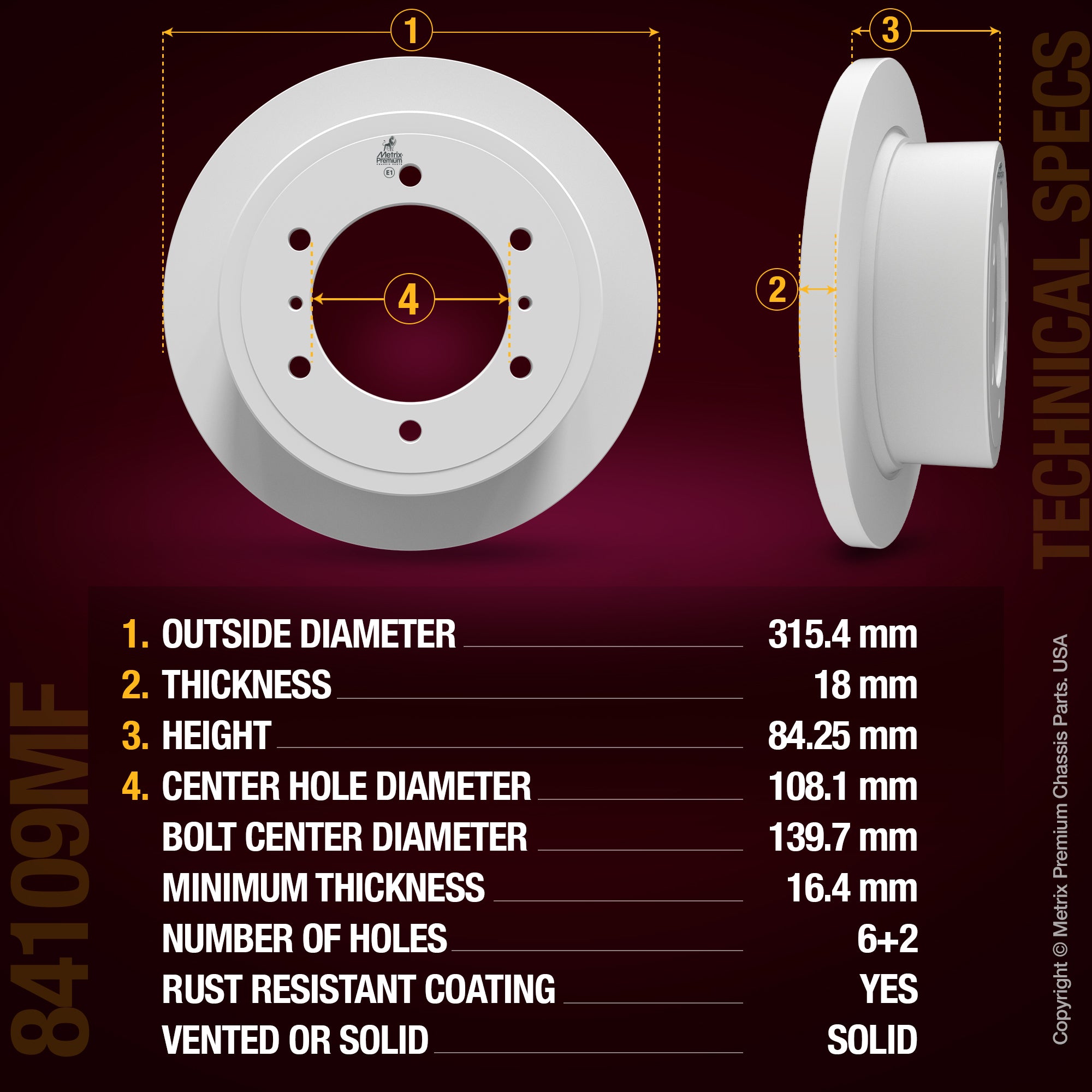 METRIX PREMIUM CHASSIS PARTS Disc Brake Rotor P/N:84109MF Fits: Mitsubishi Montero 00-92, Mitsubishi Montero Sport 04-97