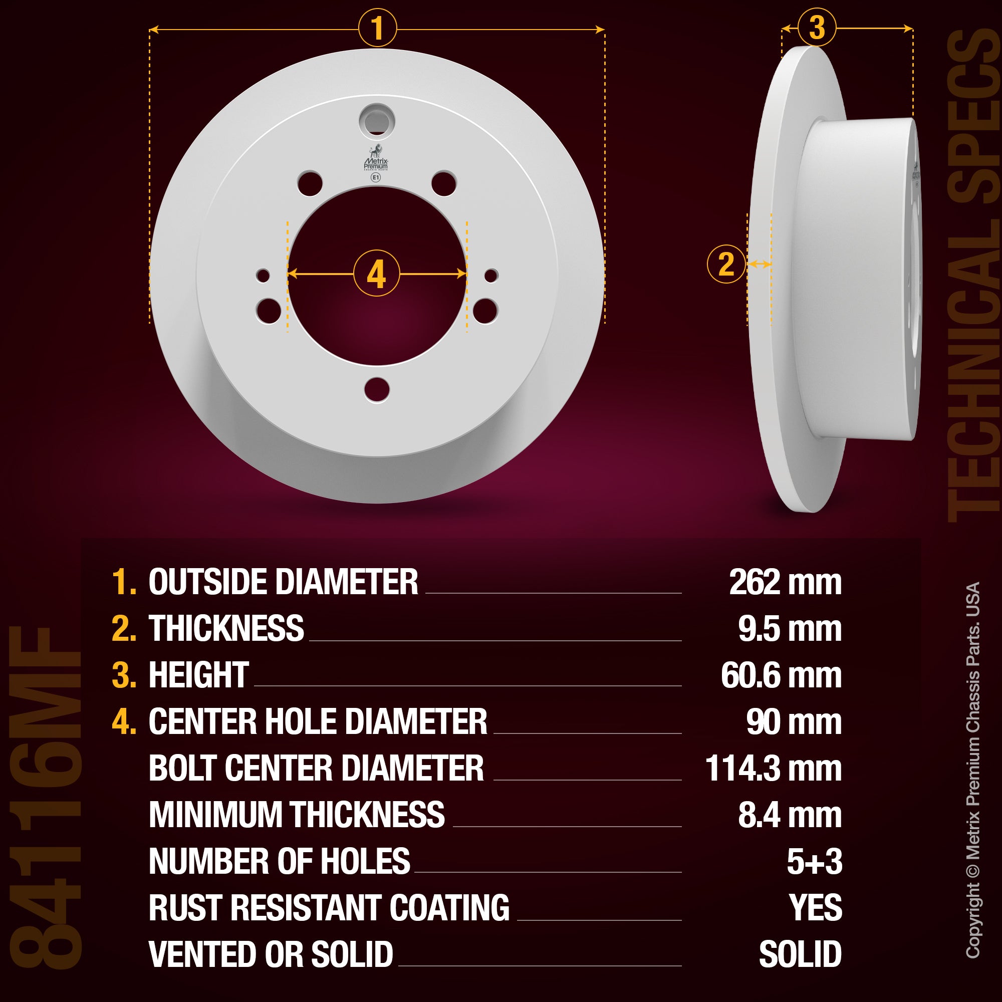 METRIX PREMIUM CHASSIS PARTS Disc Brake Rotor P/N:84116MF Fits: Chrysler Sebring 05-95, Dodge Avenger 00-95, Dodge Stratus 05-01, Eagle Talon 98-95, Mitsubishi Eclipse 05-95, Mitsubishi Galant 03-99, Mitsubishi Lancer 06-04, Mitsubishi Outlander 06-05