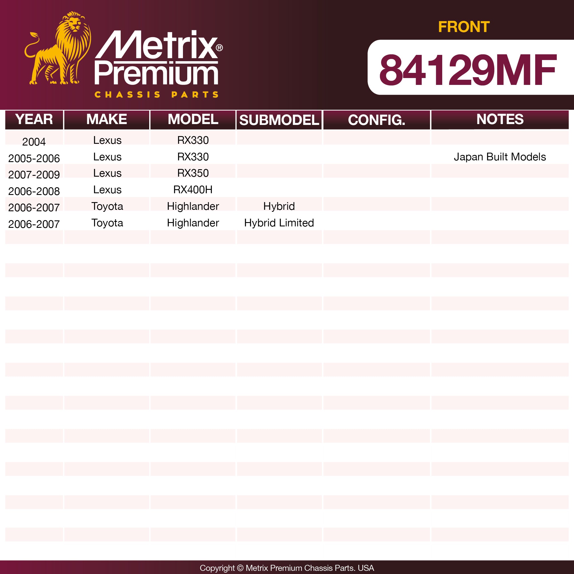 Metrix Premium Front Disc Brake Rotor 84129MF OEM fit spare parts