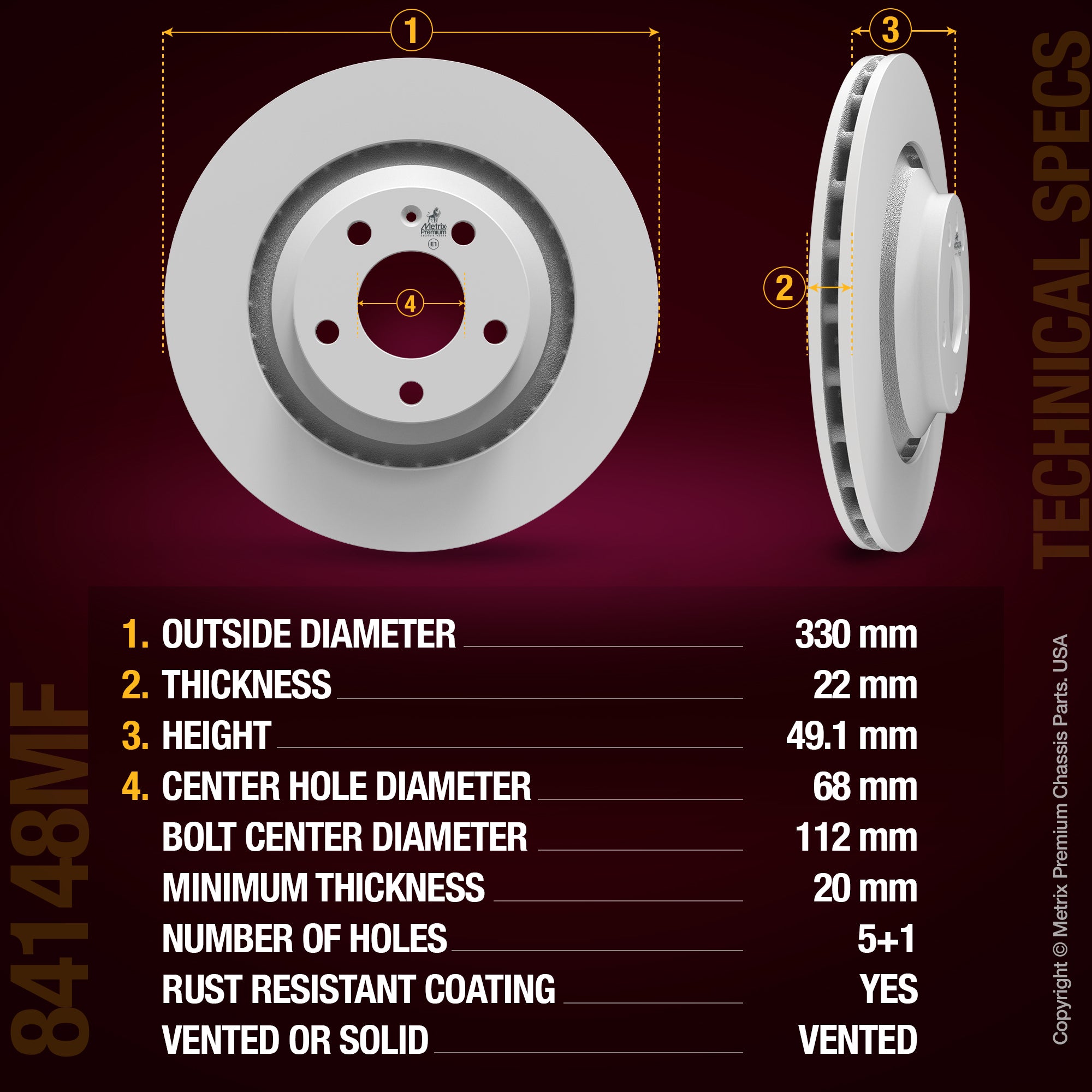 METRIX PREMIUM CHASSIS PARTS Disc Brake Rotor P/N:84148MF Fits: Audi A6 11-05, Audi A6 Quattro 11-05