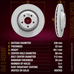 METRIX PREMIUM CHASSIS PARTS Disc Brake Rotor P/N:84148MF Fits: Audi A6 11-05, Audi A6 Quattro 11-05