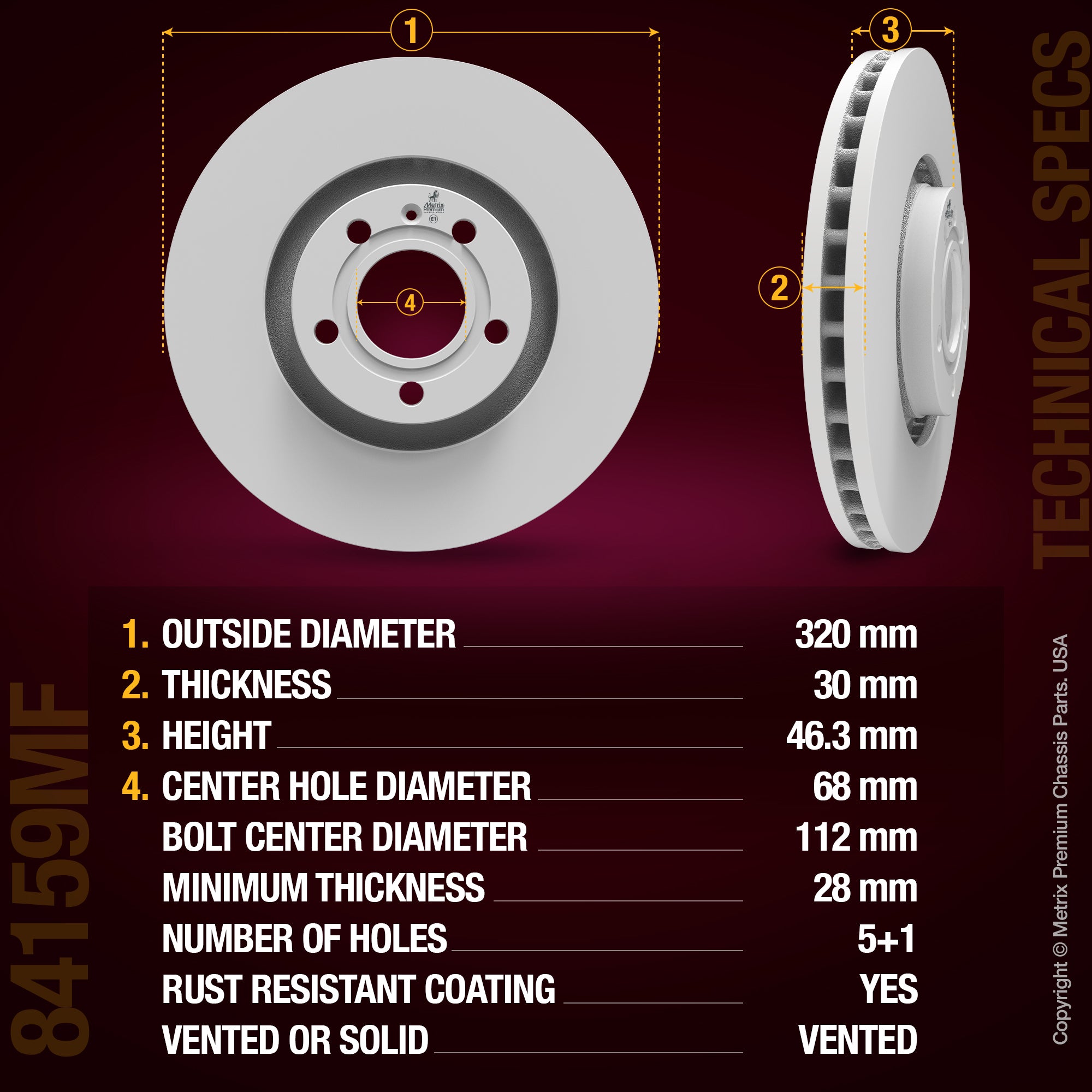 METRIX PREMIUM CHASSIS PARTS Disc Brake Rotor P/N:84159MF Fits: Audi A4 09-00, Audi A4 Quattro 09-00, Audi A6 04-00, Audi A6 Quattro 2004, Audi Allroad Quattro 05-01, Audi S4 02-00