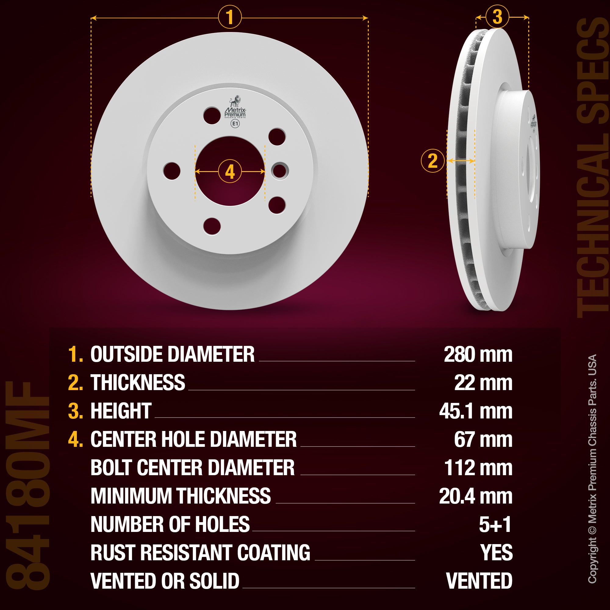 METRIX PREMIUM CHASSIS PARTS Disc Brake Rotor P/N:84180MF Fits: Mini Cooper 22-14