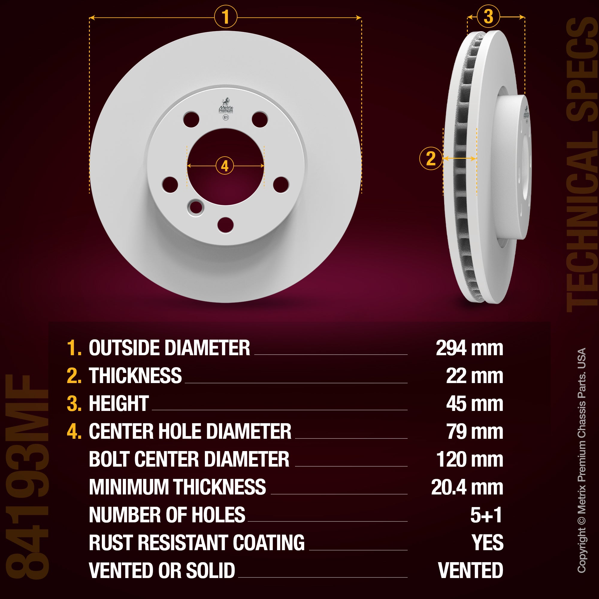 METRIX PREMIUM CHASSIS PARTS Disc Brake Rotor P/N:84193MF Fits: Mini Cooper Countryman 16-11, Mini Cooper Paceman 16-13