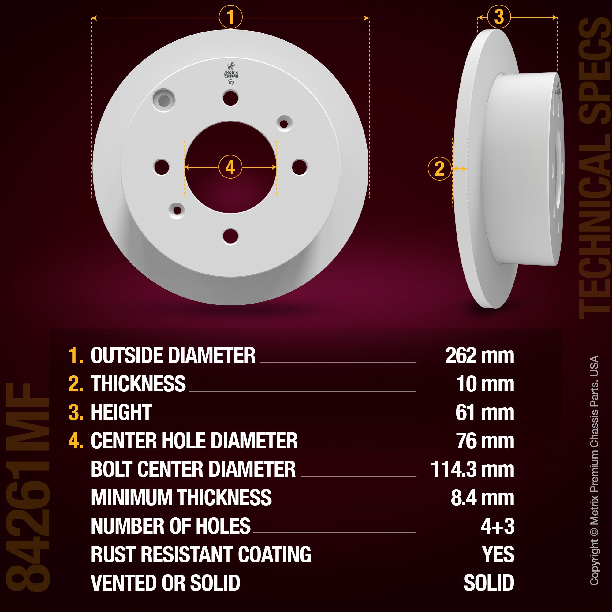 METRIX PREMIUM CHASSIS PARTS Disc Brake Rotor P/N:84261MF Fits: Hyundai Sonata 05-99, Kia Optima 06-01