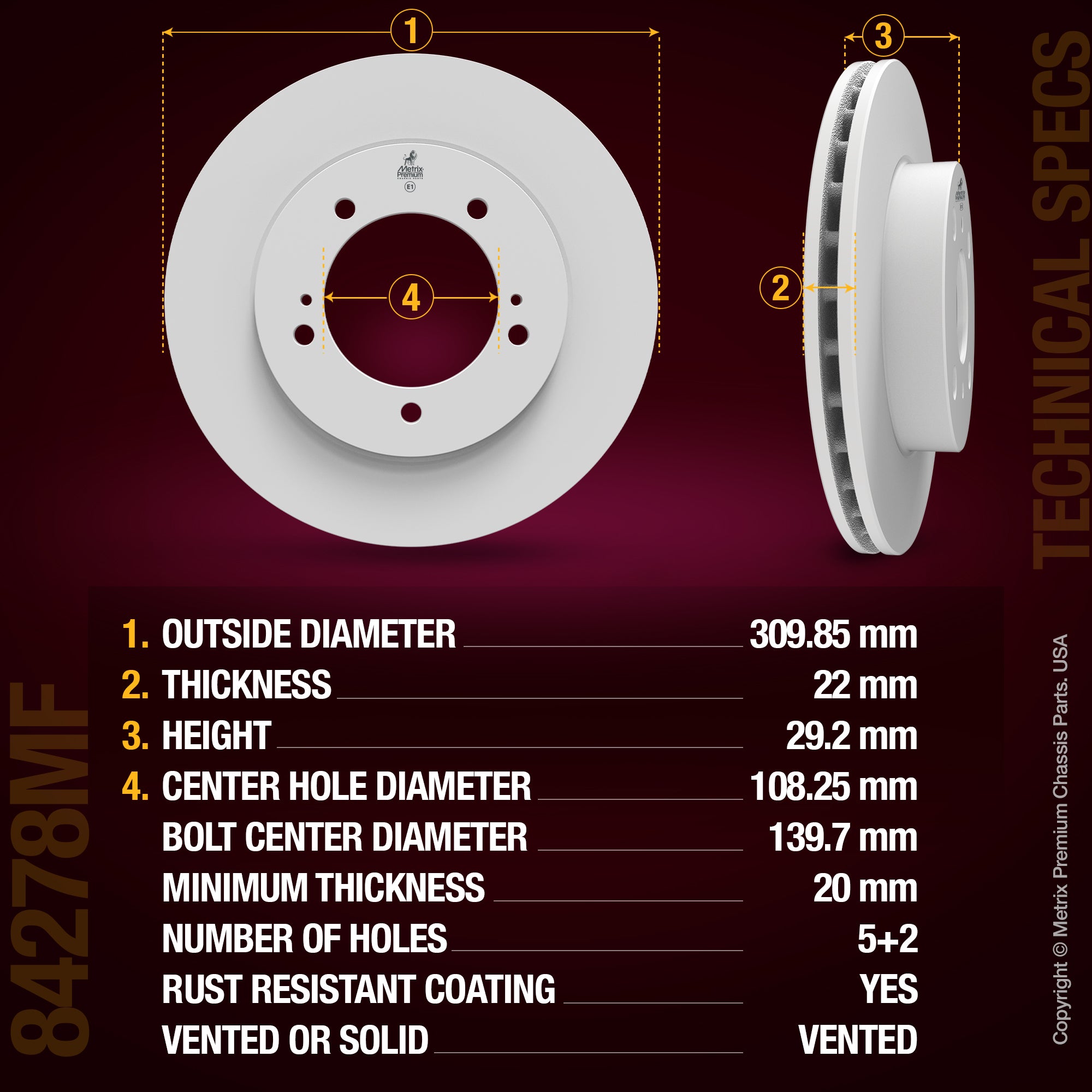 METRIX PREMIUM CHASSIS PARTS Disc Brake Rotor P/N:84278MF Fits: Suzuki Grand Vitara 05-99, Suzuki Xl-7 06-02