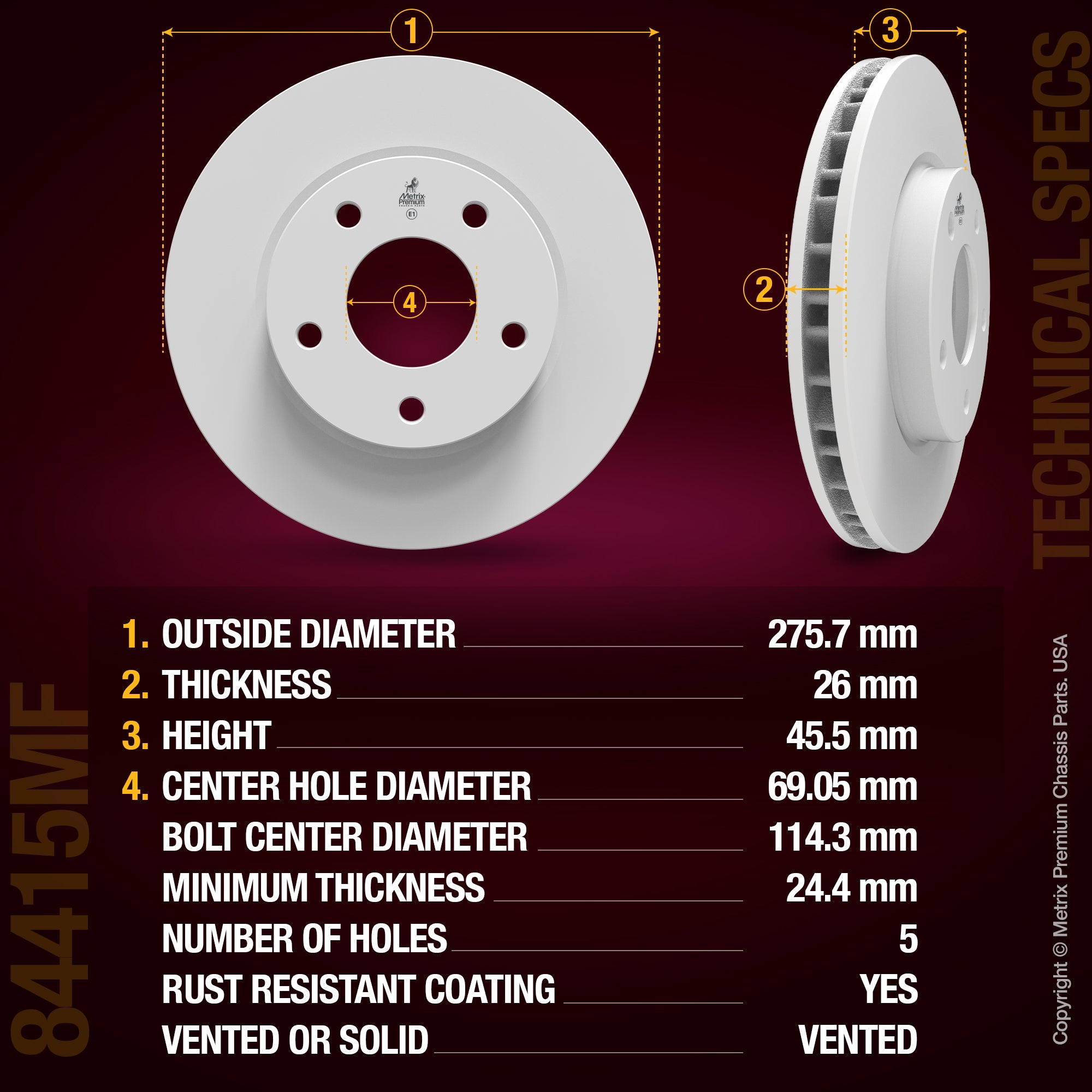 METRIX PREMIUM CHASSIS PARTS Disc Brake Rotor P/N:84415MF Fits: Dodge Caliber 12-07, Mitsubishi Lancer 17-08