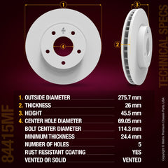 METRIX PREMIUM CHASSIS PARTS Disc Brake Rotor P/N:84415MF Fits: Dodge Caliber 12-07, Mitsubishi Lancer 17-08