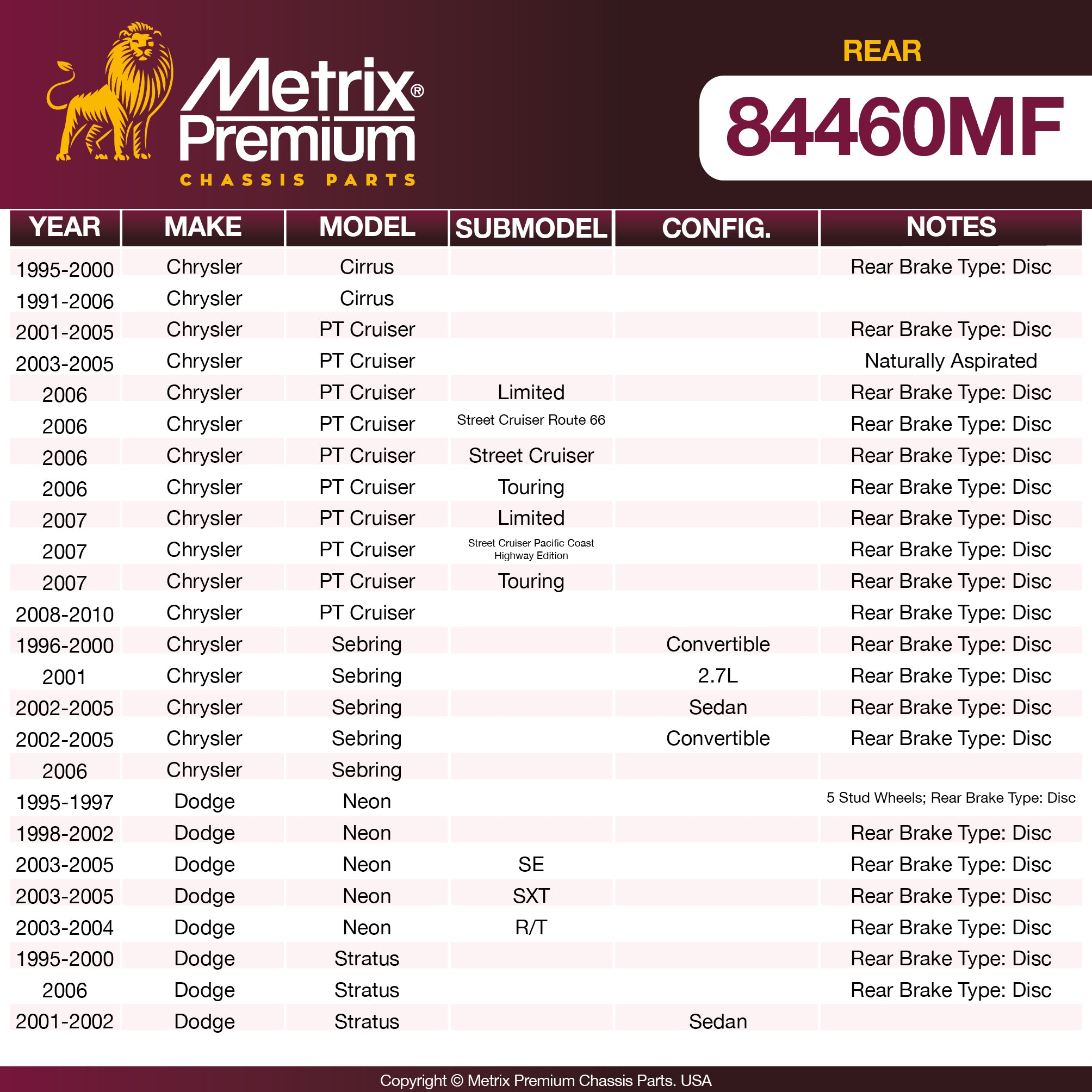 Metrix Premium Chassis Parts Rear Disc Brake Rotor 84460MF aftermarket car parts