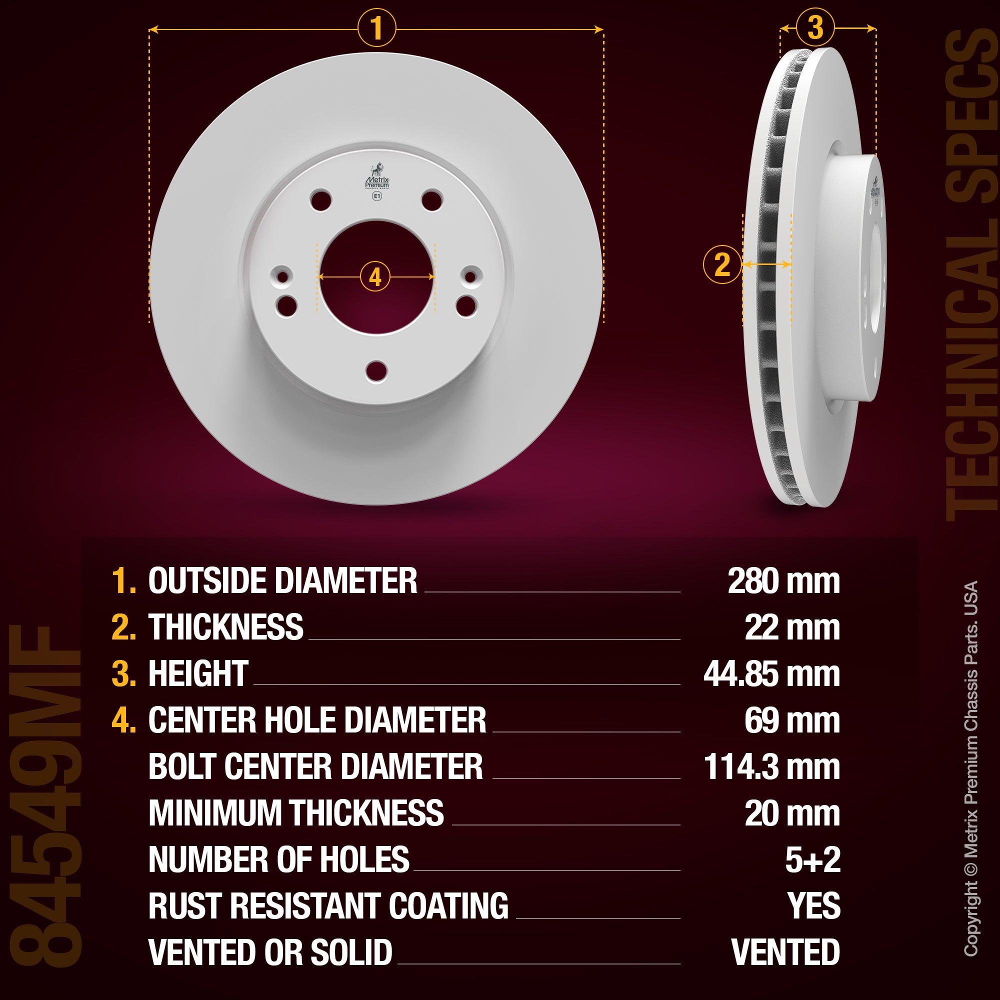 METRIX PREMIUM CHASSIS PARTS Disc Brake Rotor P/N:84549MF Fits: Hyundai Ioniq 22-17, Kia Niro 22-17