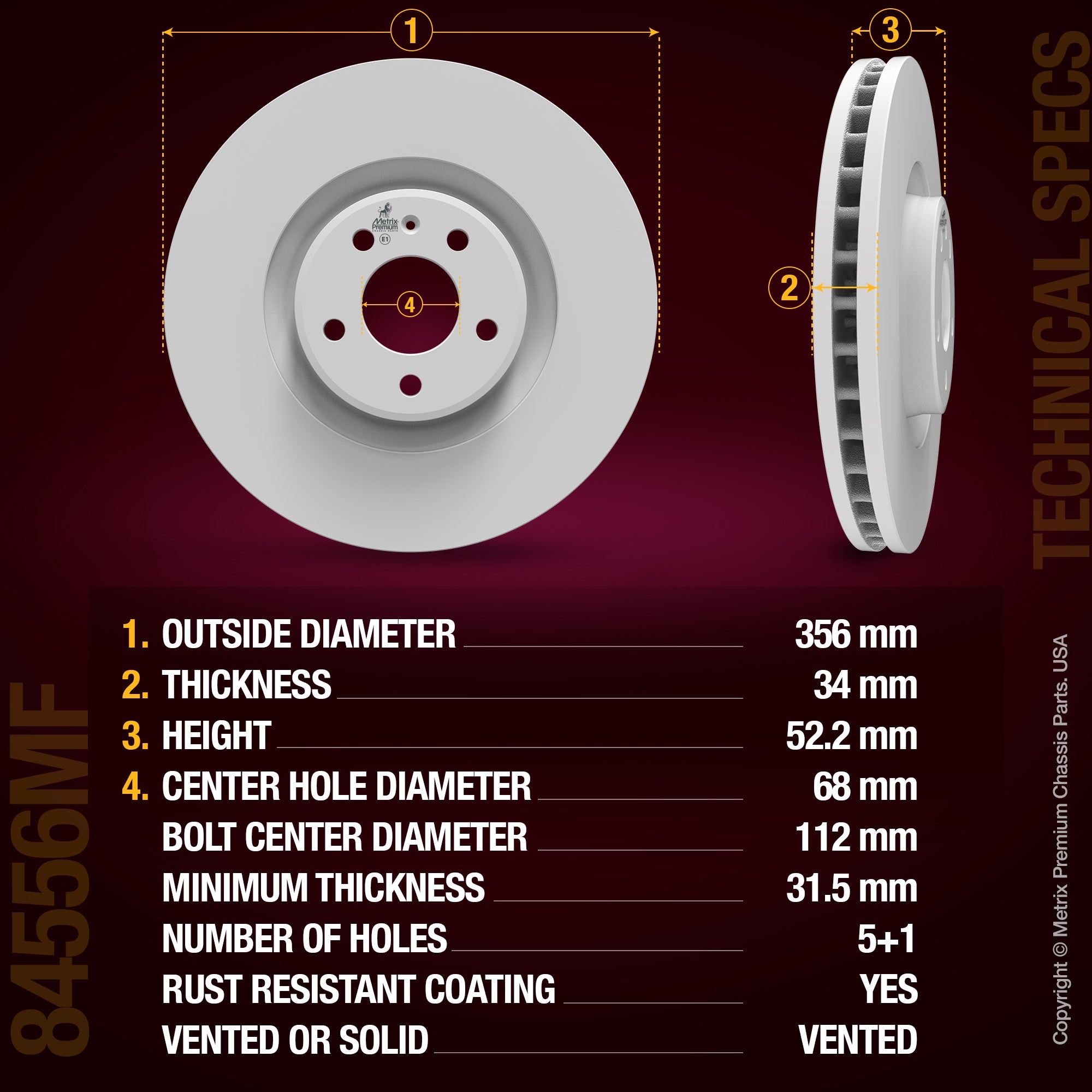 METRIX PREMIUM CHASSIS PARTS Disc Brake Rotor P/N:84556MF Fits: Audi A6 18-12, Audi A6 Quattro 18-12, Audi A7 17-16, Audi A7 Quattro 18-12, Audi A8 Quattro 14-13