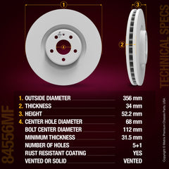 METRIX PREMIUM CHASSIS PARTS Disc Brake Rotor P/N:84556MF Fits: Audi A6 18-12, Audi A6 Quattro 18-12, Audi A7 17-16, Audi A7 Quattro 18-12, Audi A8 Quattro 14-13