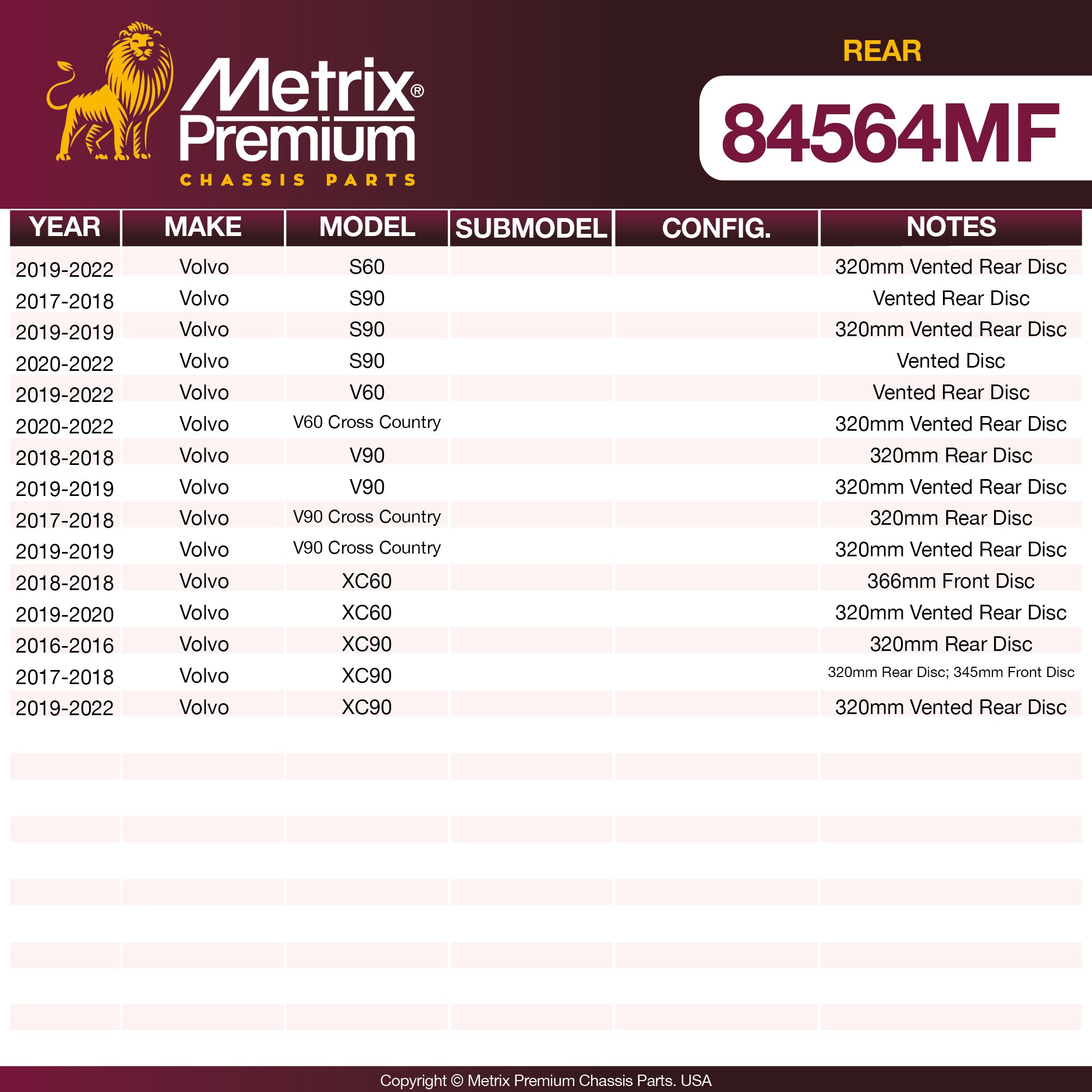 Metrix Premium Rear Disc Brake Rotor 84564MF OEM fit spare parts