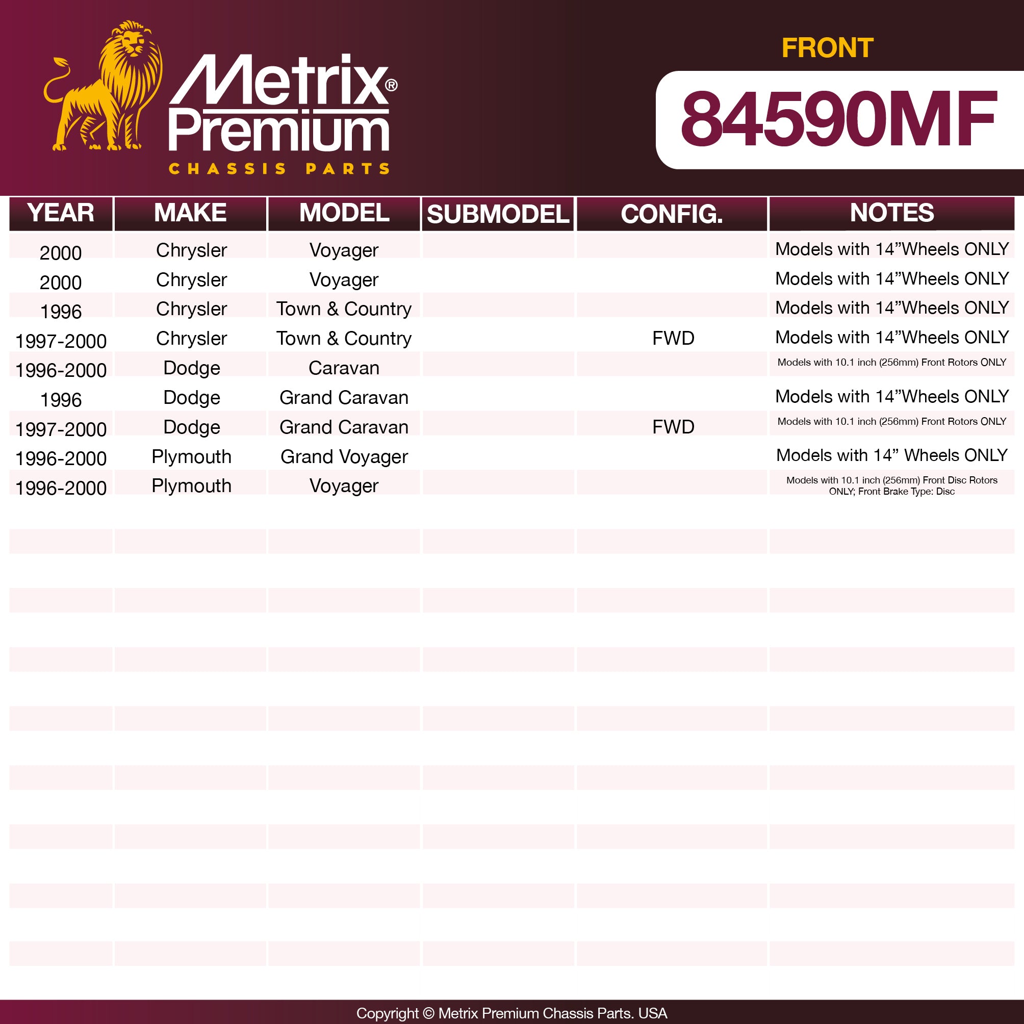 Metrix Premium Chassis Parts Front Disc Brake Rotor 84590MF aftermarket car parts