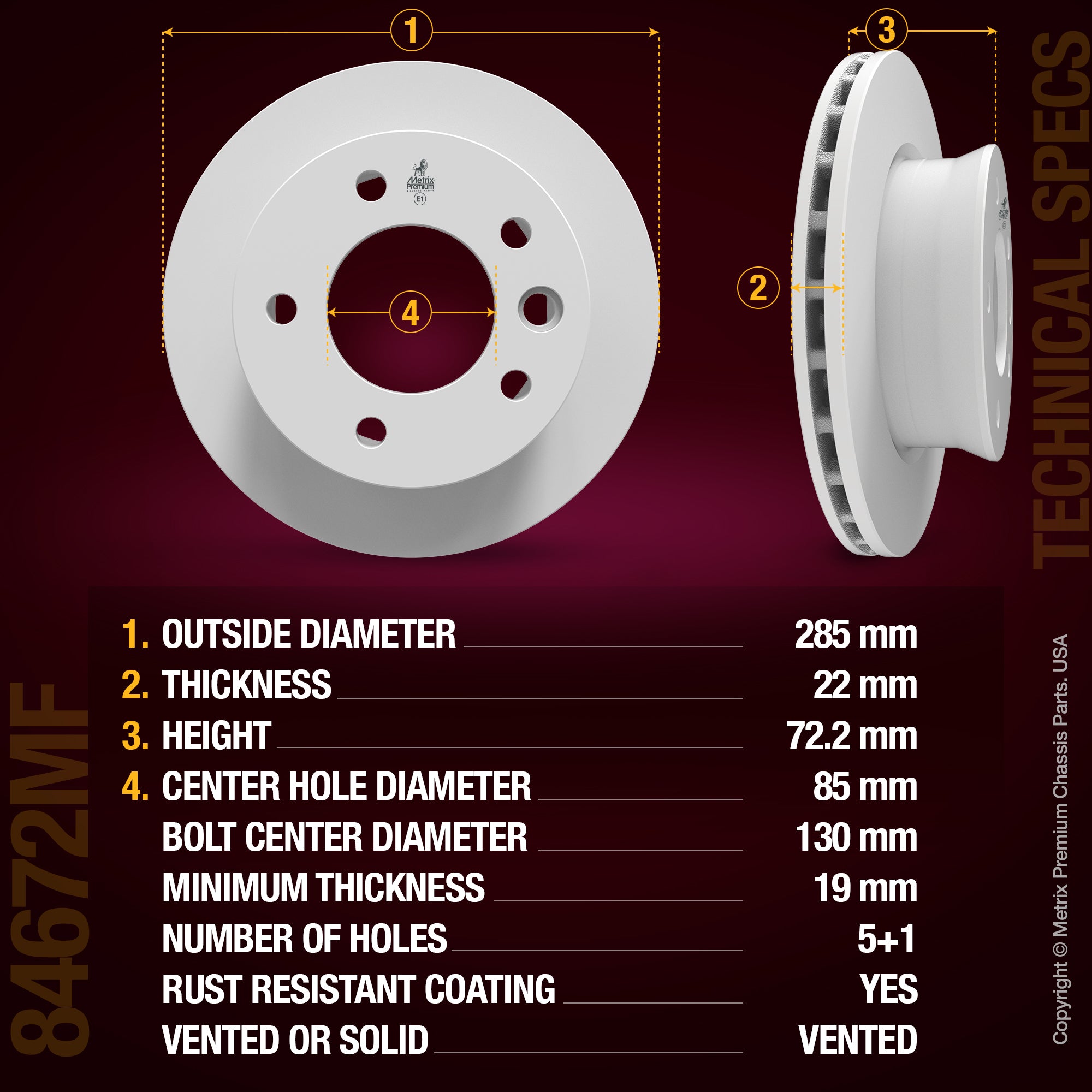 METRIX PREMIUM CHASSIS PARTS Disc Brake Rotor P/N:84672MF Fits: Dodge Sprinter 2500 06-03, Dodge Sprinter 3500 06-03