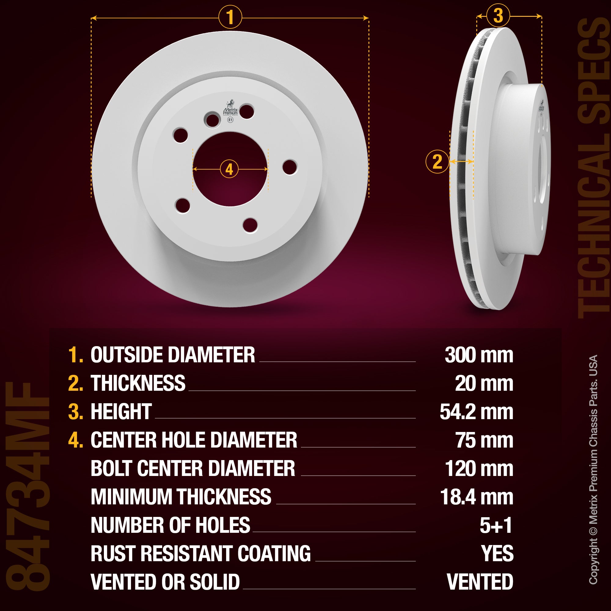 METRIX PREMIUM CHASSIS PARTS Disc Brake Rotor P/N:84734MF Fits: BMW Z4 16-09