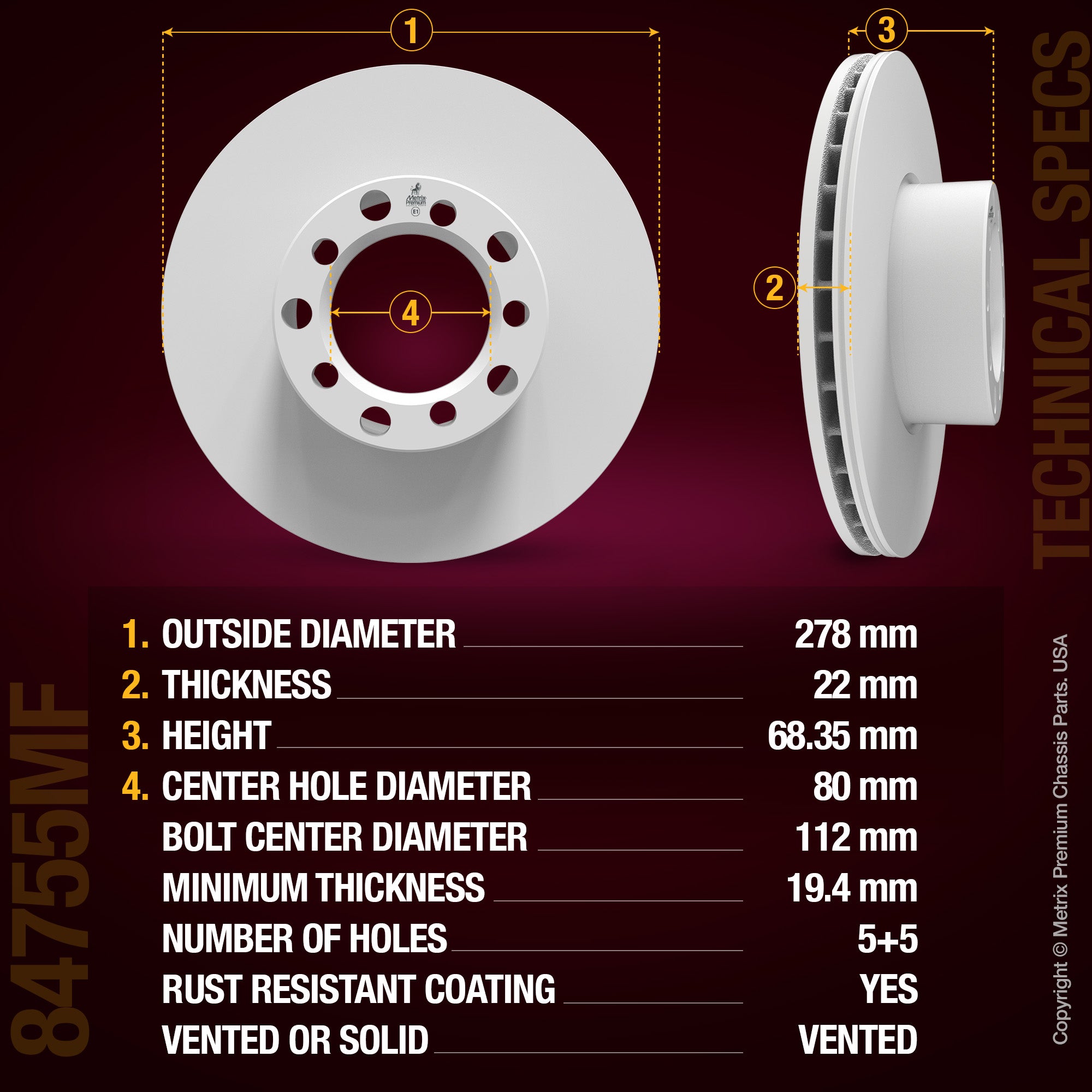 METRIX PREMIUM CHASSIS PARTS Disc Brake Rotor P/N:84755MF Fits: Mercedes-benz 300sd, Mercedes-benz 380se, Mercedes-benz 380sel, Mercedes-benz 380sl, Mercedes-benz 380slc, Mercedes-benz 450sel, Mercedes-benz 450sl, Mercedes-benz 500sec