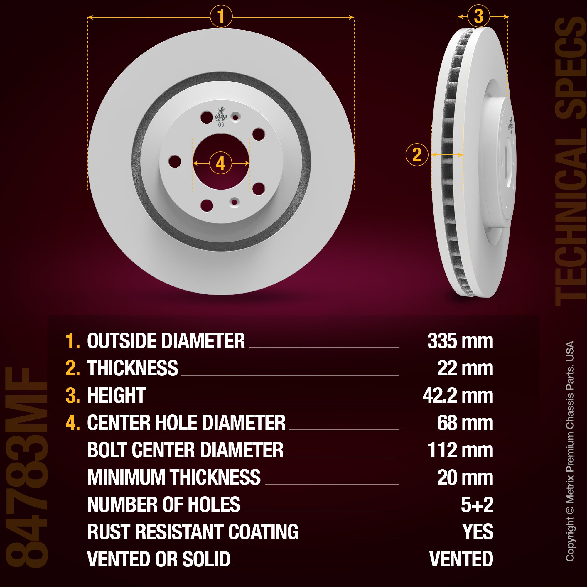 METRIX PREMIUM CHASSIS PARTS Disc Brake Rotor P/N:84783MF Fits: Audi A8 Quattro 09-05, Audi S8 09-07