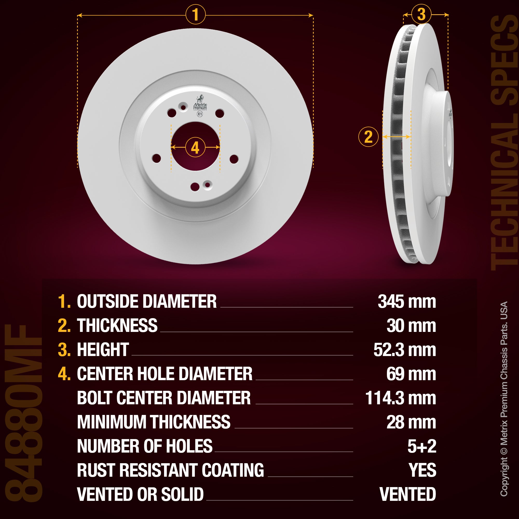 METRIX PREMIUM CHASSIS PARTS Disc Brake Rotor P/N:84880MF Fits: Hyundai Veloster 2019, Hyundai Veloster N 22-20